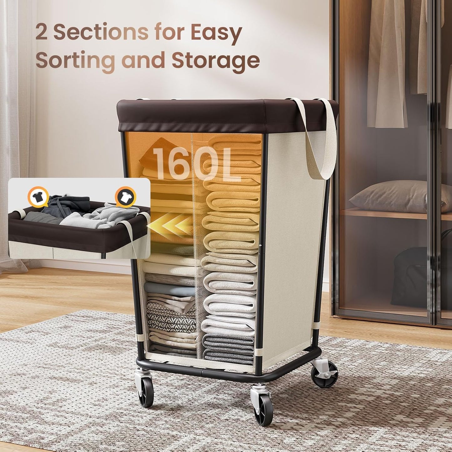 160L Laundry Basket with Wheels, 2-section Rolling Laundry Basket, Large Laundry Hamper with Wheels, Rolling Laundry Hamper Clothes Hamper for Home, Bathrooms and Dorm(Beige)