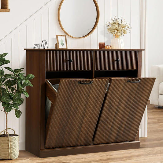 Grepatio Tilt Out Fluted Laundry Hamper Cabinet, 22 Gallon Double Hidden Laundry Hamper, Wooden Trash Can Cabinets with 2 Drawers, Modern Garbage Can Cabinet for Bathroom, Kitchen (Brown, Double)