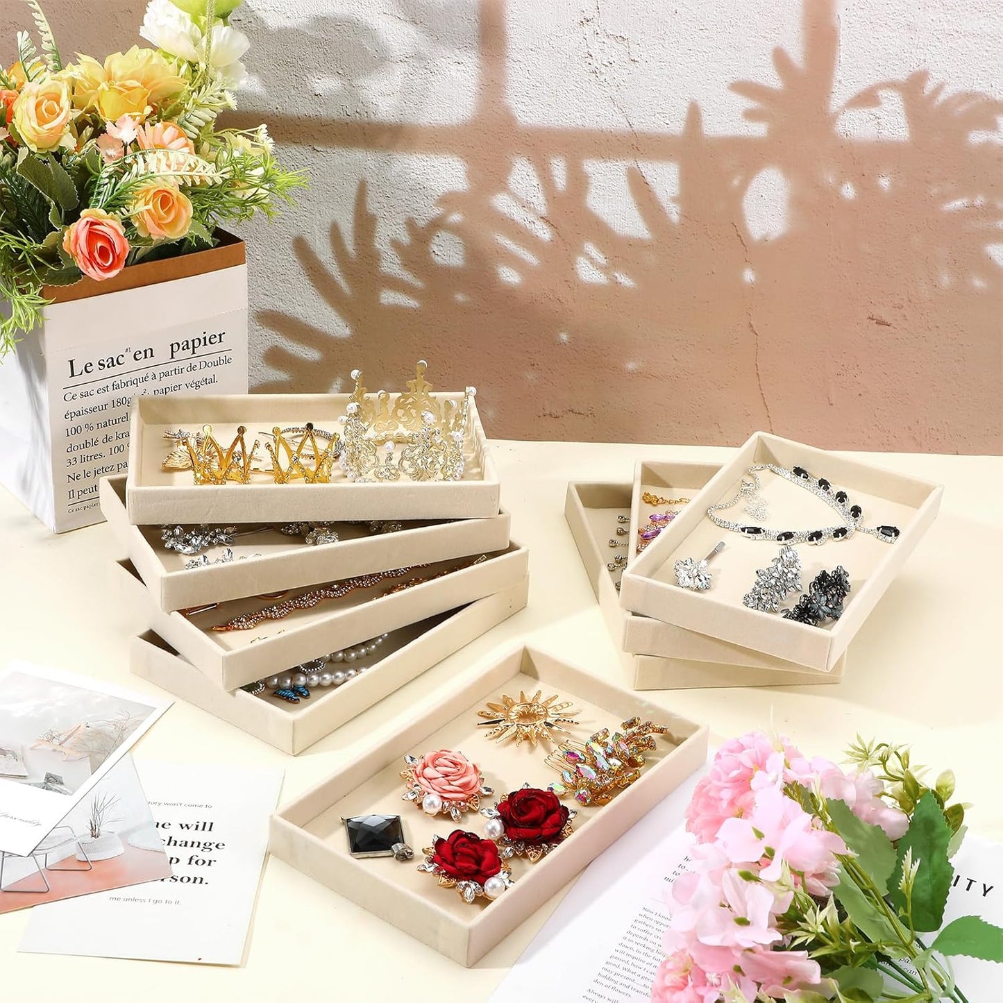 8pcs Small Velvet Jewelry Trays,Beige Stackable Jewelry Trays Drawers Organizer Inserts,Jewellery Storage Tray for Necklaces, Earrings, Rings, Bracelets, 8.3 x 4.9 x 1 Inches