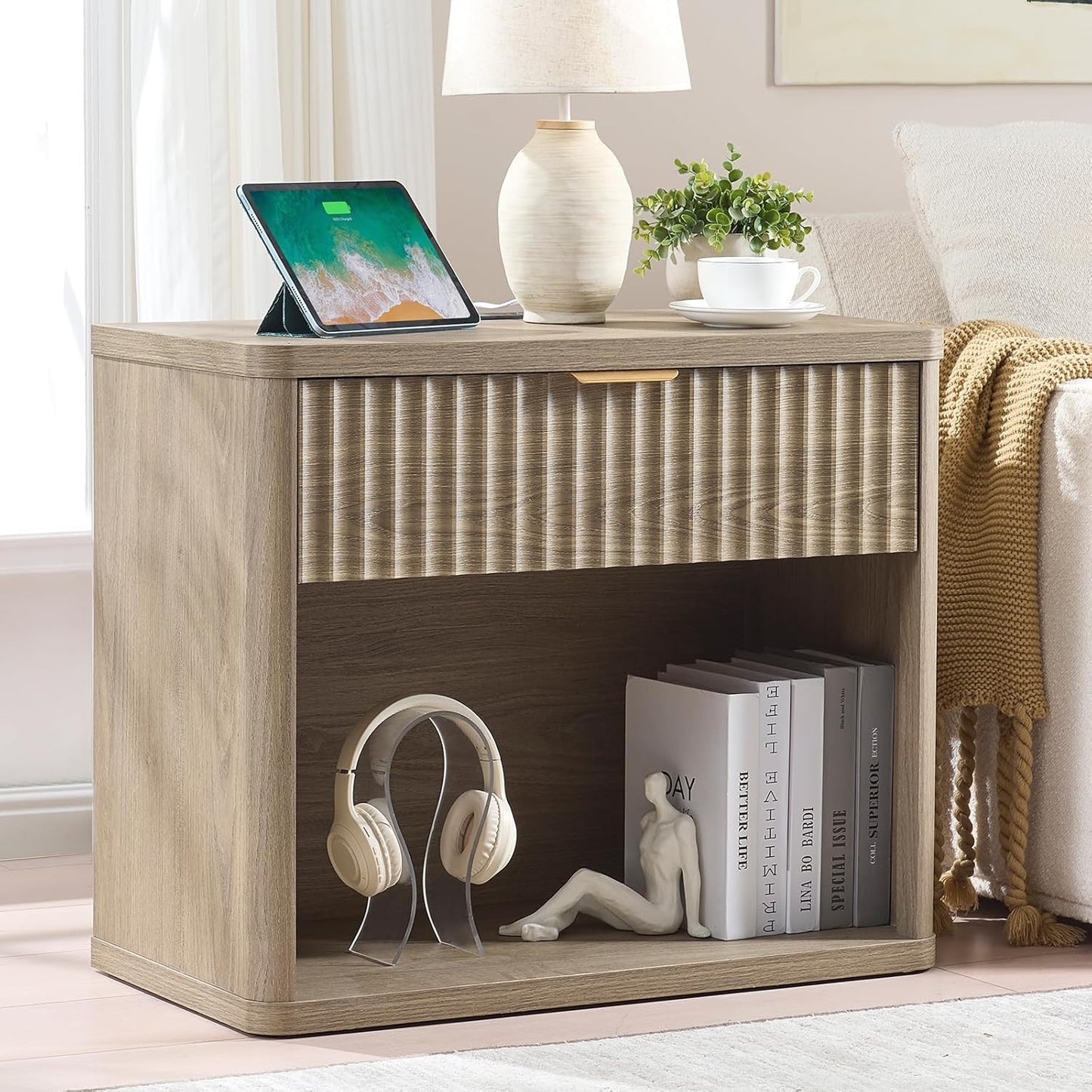 LEYAOYAO 31" Wide Fluted Nightstand Set of 2 with Charging Station, Oversized Extra Large 1 Drawer Night Stand with Golden Handle, Grey Wood Bedside Table Tall End Tables,for Bedroom, Living Room