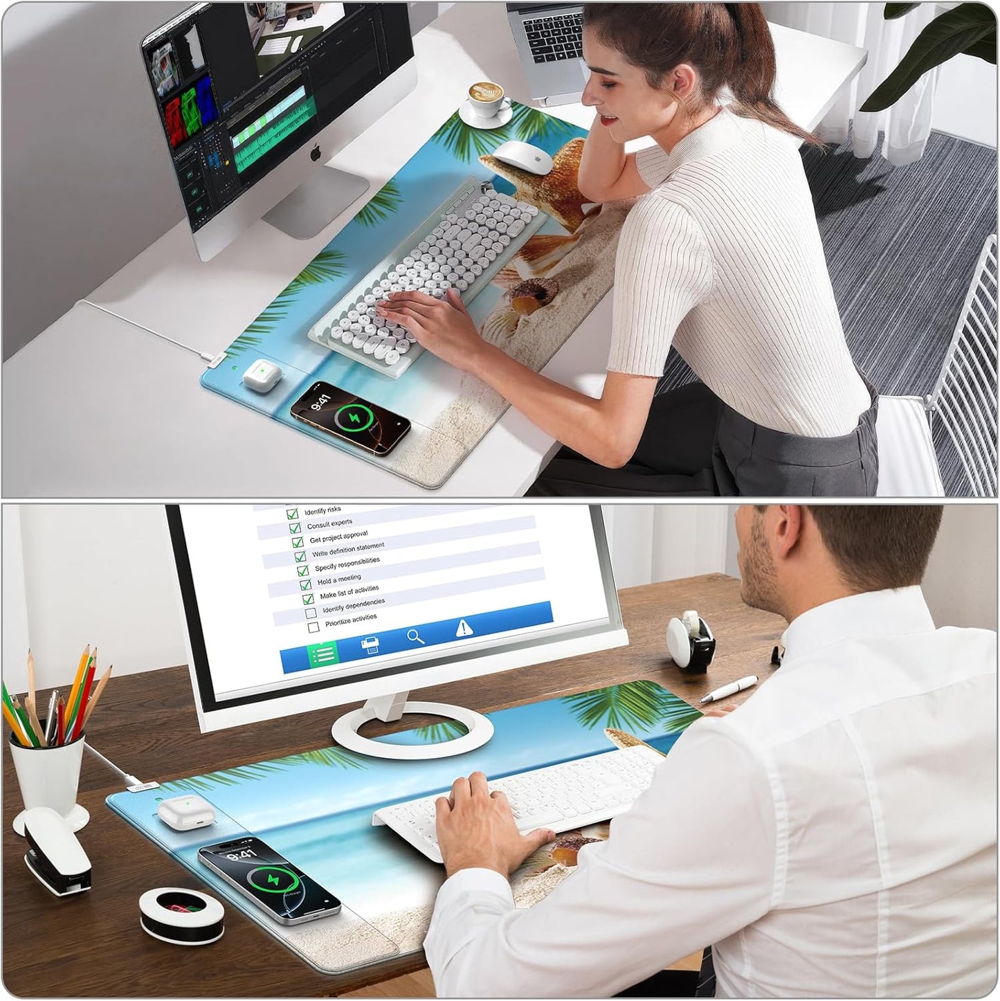 Wireless Charging Mouse Pad, 31.5"x15.8" Large Gaming Desk Mat for Keyboard/Laptop, Waterproof Ultra-Smooth Surface, Non-Slip Base, with 20W PD Adapter, Summer Beach