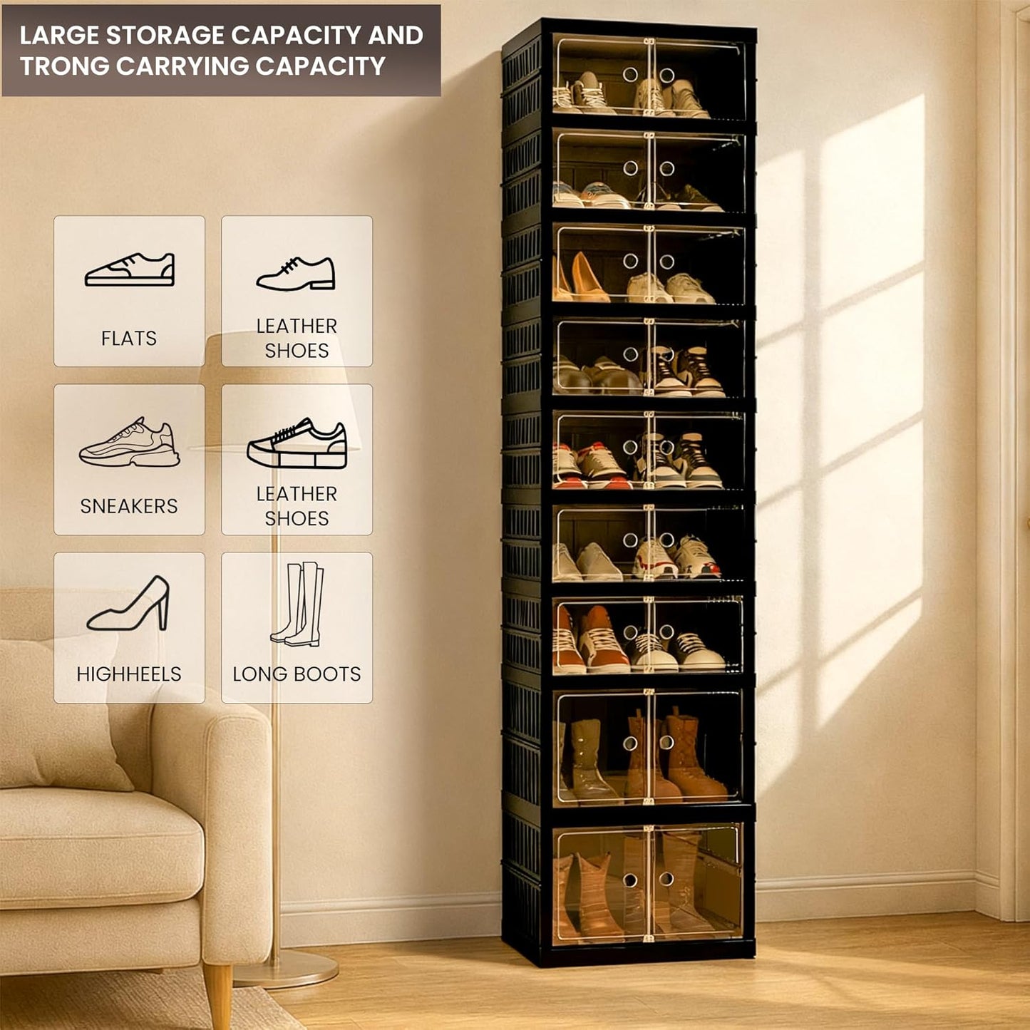 Foldable Shoe Organizer Storage Box, Portable Extra Large Folding Shoe Rack for Closet, Shoe Storage Box with Magnetic Transparent Door and Wheels, 9 Layers 18 Grids with 4 Big Grids