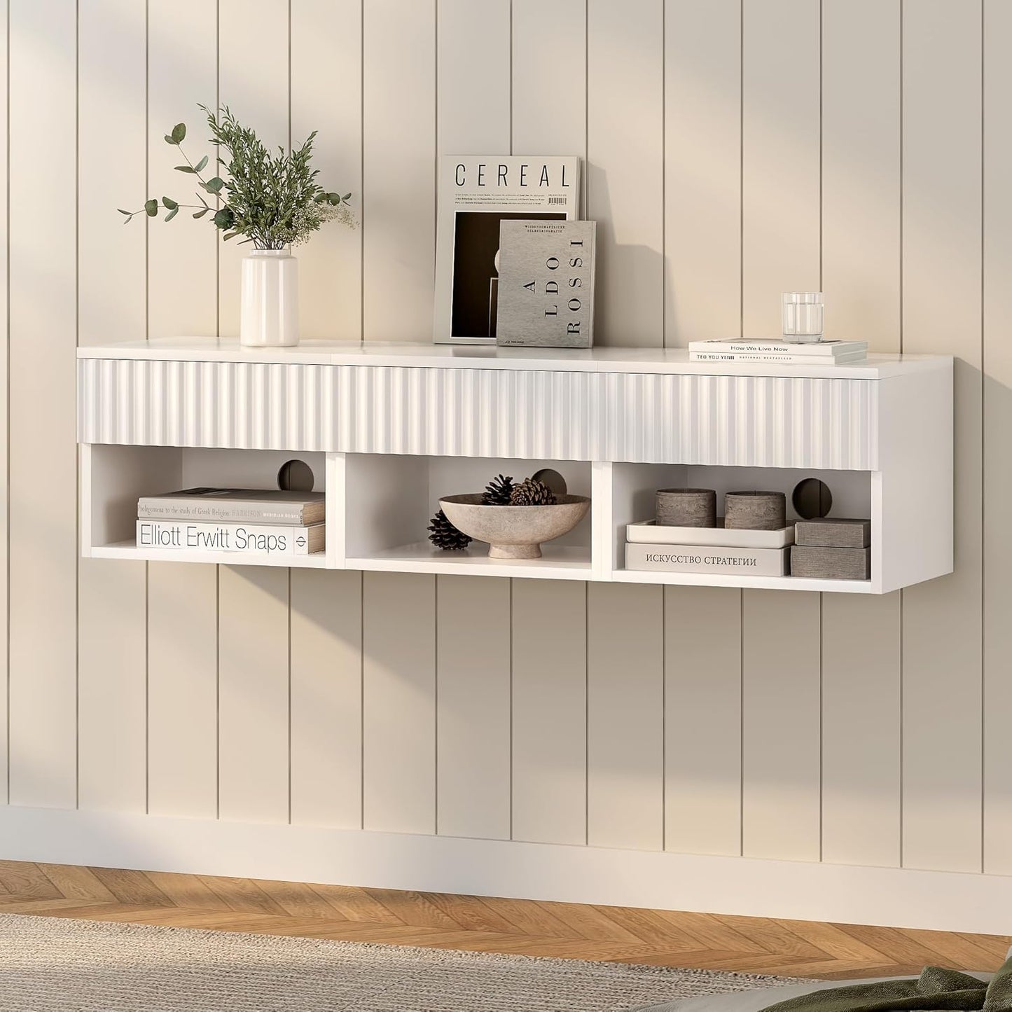 Small Floating Nightstand with Drawer, Modern Night Stand with Fluted Door and Open Storage Shelf Wall Mounted Bedside Table for Bedroom, Entryway White
