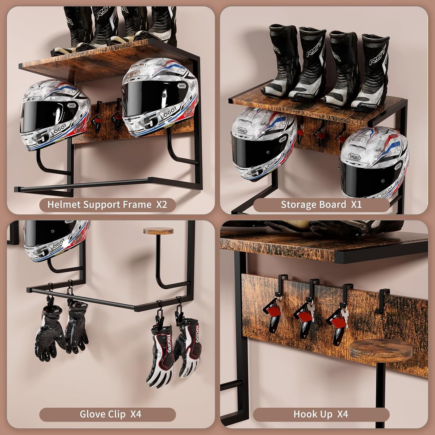 Motorcycle Helmet Holder Wall Mounted, Helmet Rack Wall Mount with Helmet Rack, 4 Glove Chips and 4 hooks, Rustic Helmets Holder and Motorcycle Helmets Racks for Most of Helmet and Clothes