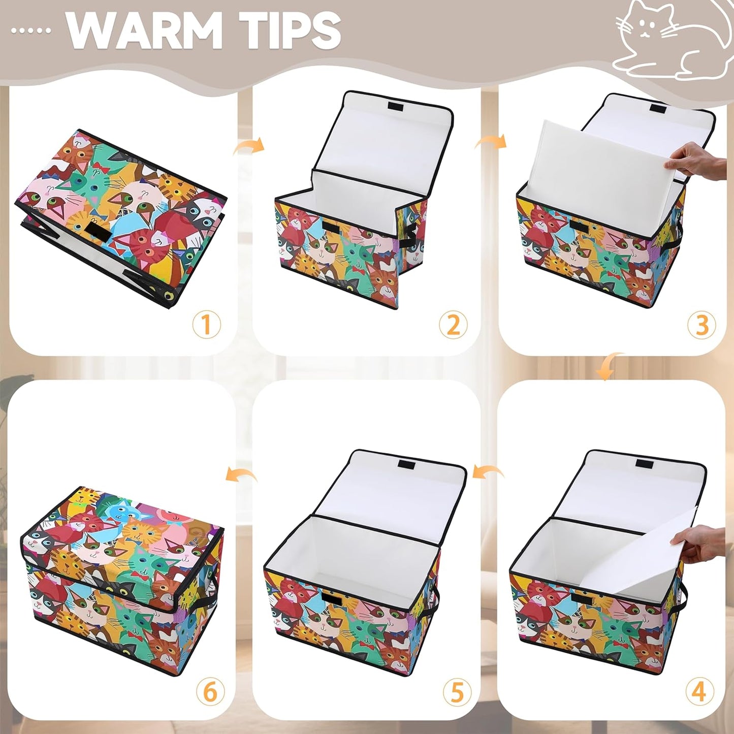 Stackable Clothes Storage Bins with Lids,Closet Organizers Fabric Cat Printing Box for Home and Office,Blanket Clothes Organizers,Under Bed Storage Containers 3 Pack.