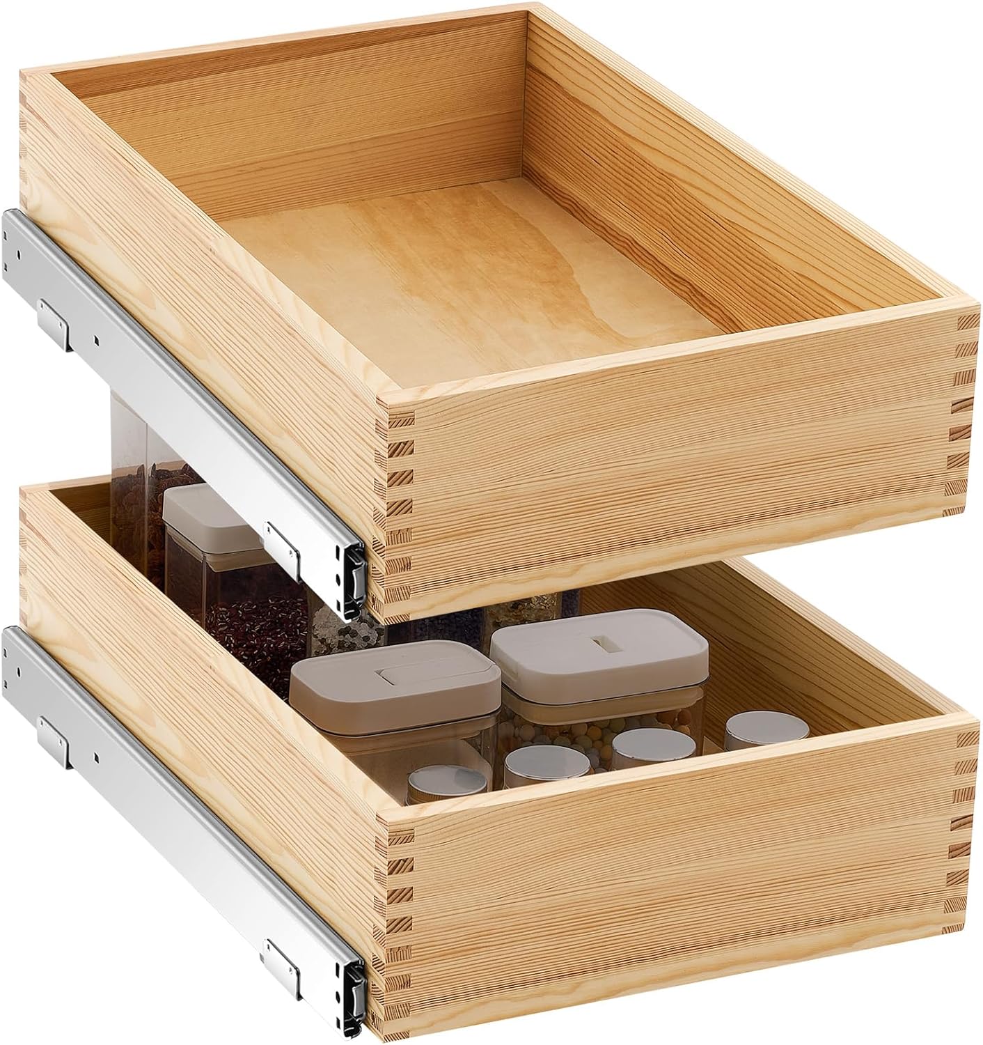 Menkxi 2 Set Pull out Tray Cabinet Organizer Wooden Pull Drawers storage Slide out Pantry Shelf for Base Cabinet Kitchen Gentle Close Fully Assembled Accessories(Wood Color,15'' X 21'' X 5'')