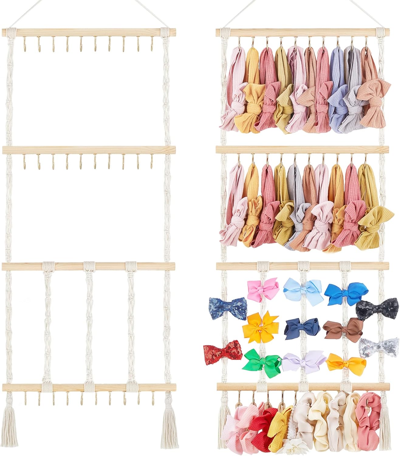Dahey Headband Holder Bow Organizer for Girls Hair Bows Macrame Bow Holder Hair Accessories Hanger Necklace Display with 30 Hooks Wall Hanging Over Door Organizer Boho Nursery Decor for Baby's Room