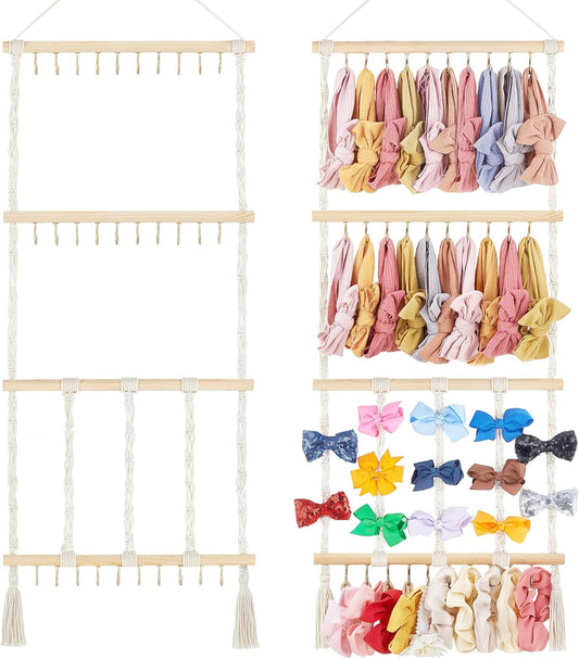 Dahey Headband Holder Bow Organizer for Girls Hair Bows Macrame Bow Holder Hair Accessories Hanger Necklace Display with 30 Hooks Wall Hanging Over Door Organizer Boho Nursery Decor for Baby's Room