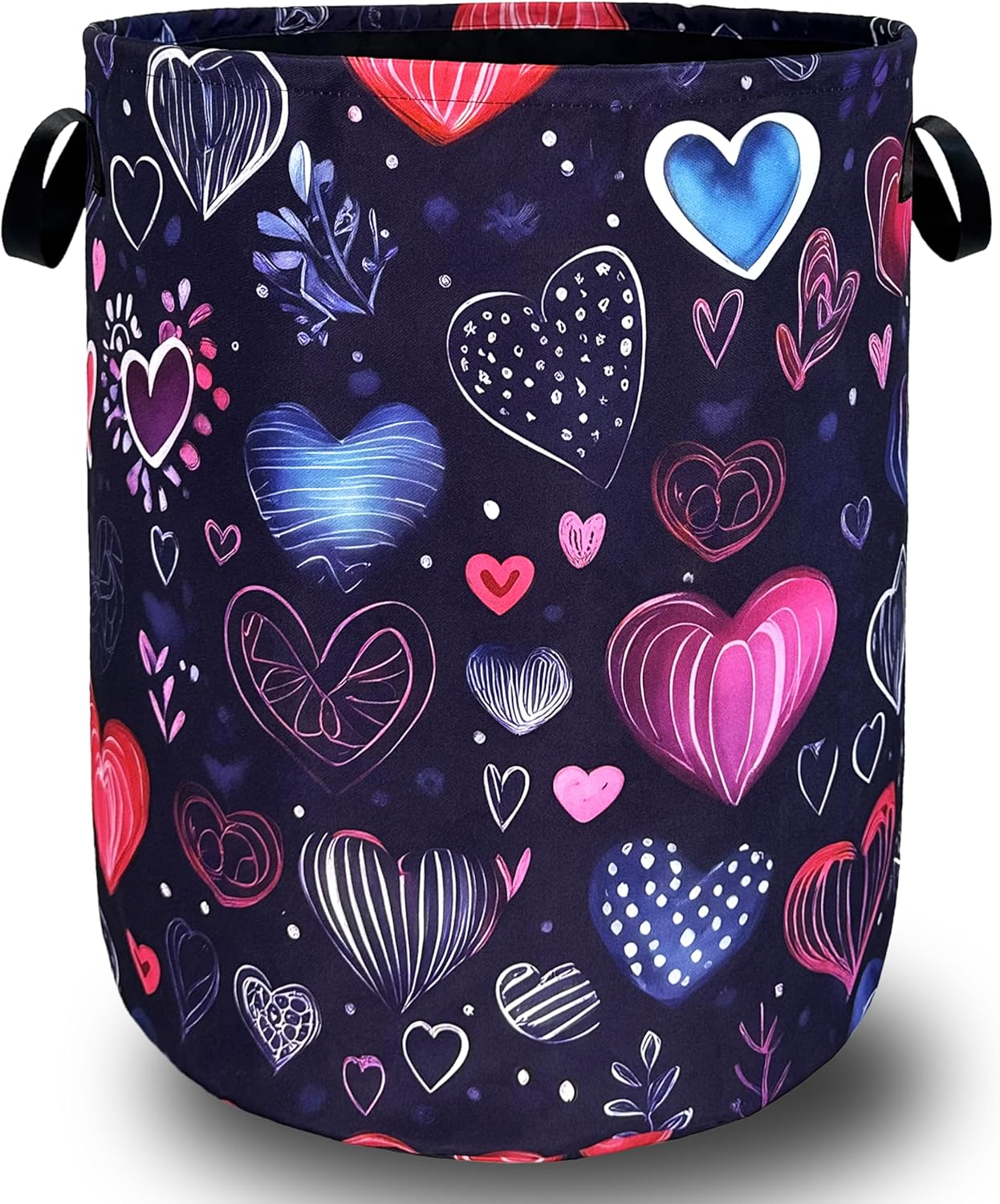 Hand Drawn Love Hearts Pattern Laundry Hamper With Handles Foldable Oxford Cloth Tote Bag Colorful Laundry Basket Clothes Toy Storage Bucket 18.9" x 16.5" For Bathroom/Laundry/Bedroom