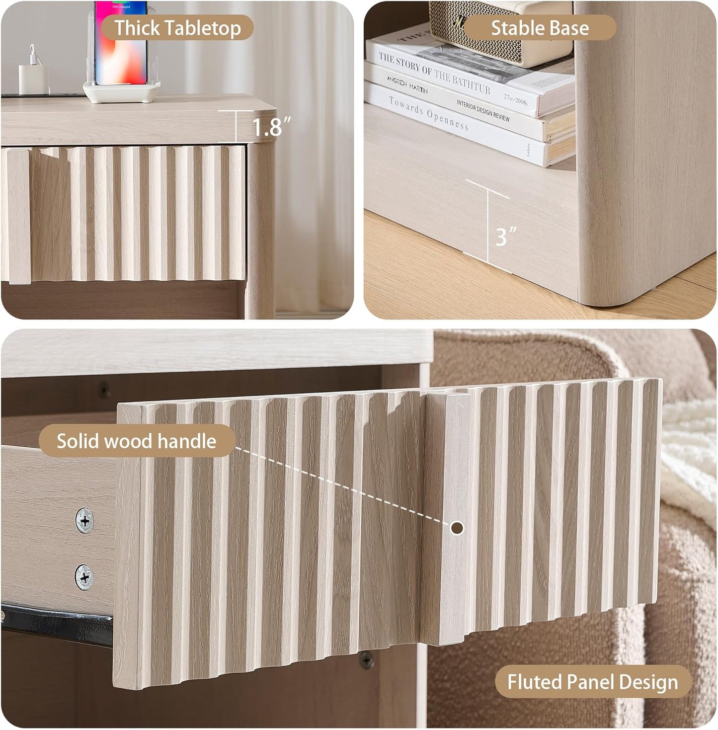 Fluted Nightstand Set of 2 with Charging Station, 23.6" End Table with Open Shelf and Drawers Storage, Bedside Table with Solid Wood Handle, Curved Profile Design, Night Stand for Bedroom