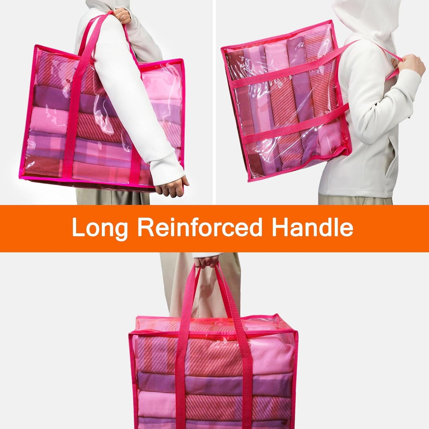 Vieshful Pink 40L Clear Clothes Storage Bag with Zipper 3 Pack Colorful Clothes Organizer Vinyl Storage Bag for Comforter, Blanket, Bedding, Duvet, Transparent Moving Totes