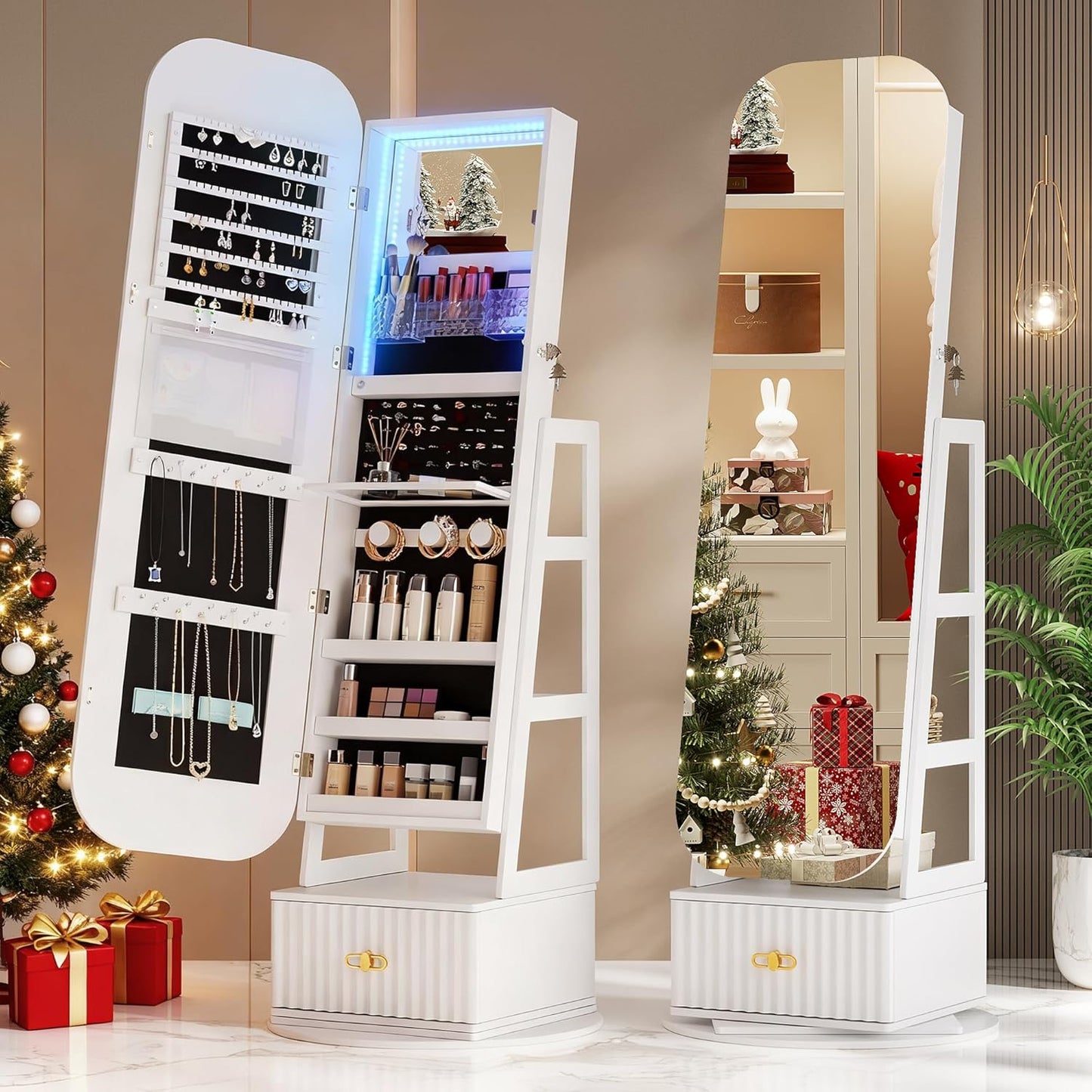 360°Swivel jewelry organizer with Full Length Mirror with Lights,Jewelry Armoires Cabinet Standing with Drawer,Large Mirror Storage for Jewelry and Makeup（White）