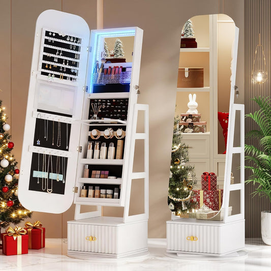 360°Swivel jewelry organizer with Full Length Mirror with Lights,Jewelry Armoires Cabinet Standing with Drawer,Large Mirror Storage for Jewelry and Makeup（White）