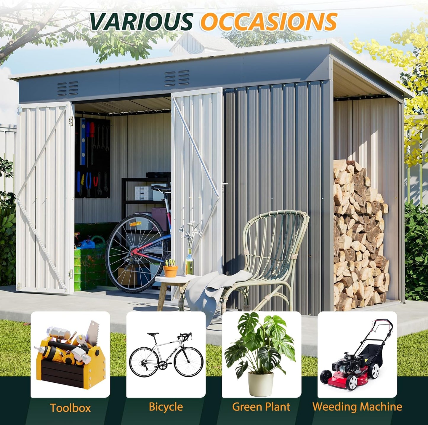 Large Outdoor Storage Shed, 10' X 4' Metal Galvanized Steel Garden Sheds with 4 Vents & Open Storage Area, Utility Tool Shed for Backyard, Patio, Lawn, Gray