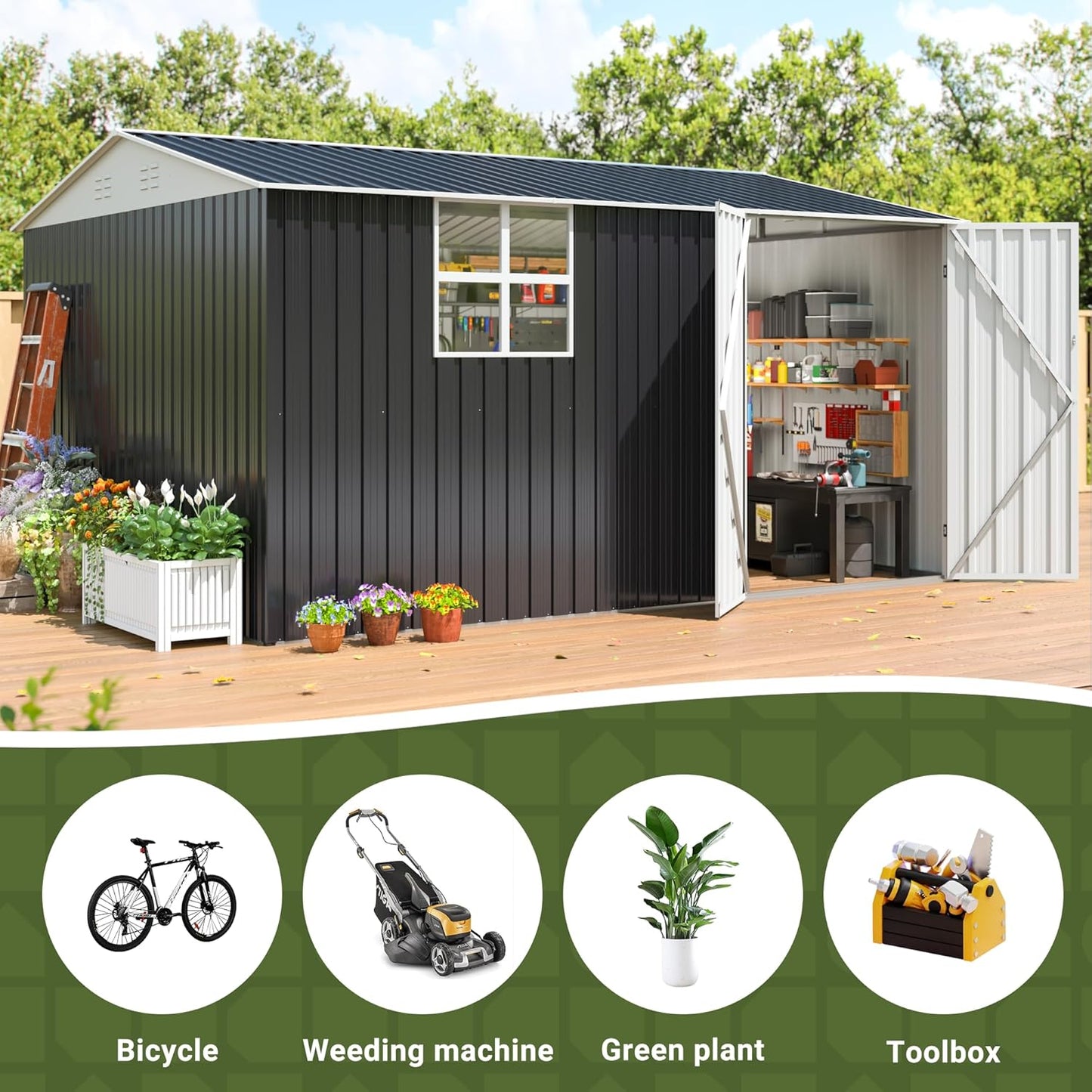 VIWAT 10X12 FT Outdoor Storage Shed, Metal Garden Shed with Updated Lockable Doors and Frame Structure, Large Tool Sheds for Backyard Garden Patio Lawn,Black
