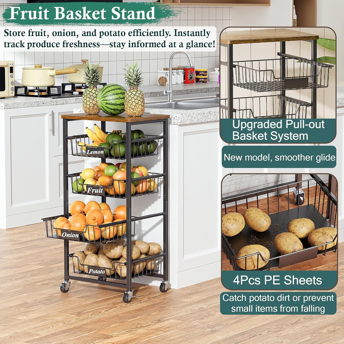 Fruit Basket, 5-Tier Utility Kitchen Organizer and Storage Cart with Pull-Out Baskets and Wood Top, Rolling Pantry Kitchen Cart on Wheels for Fruit Potato Onion Vegetable Snack Produce
