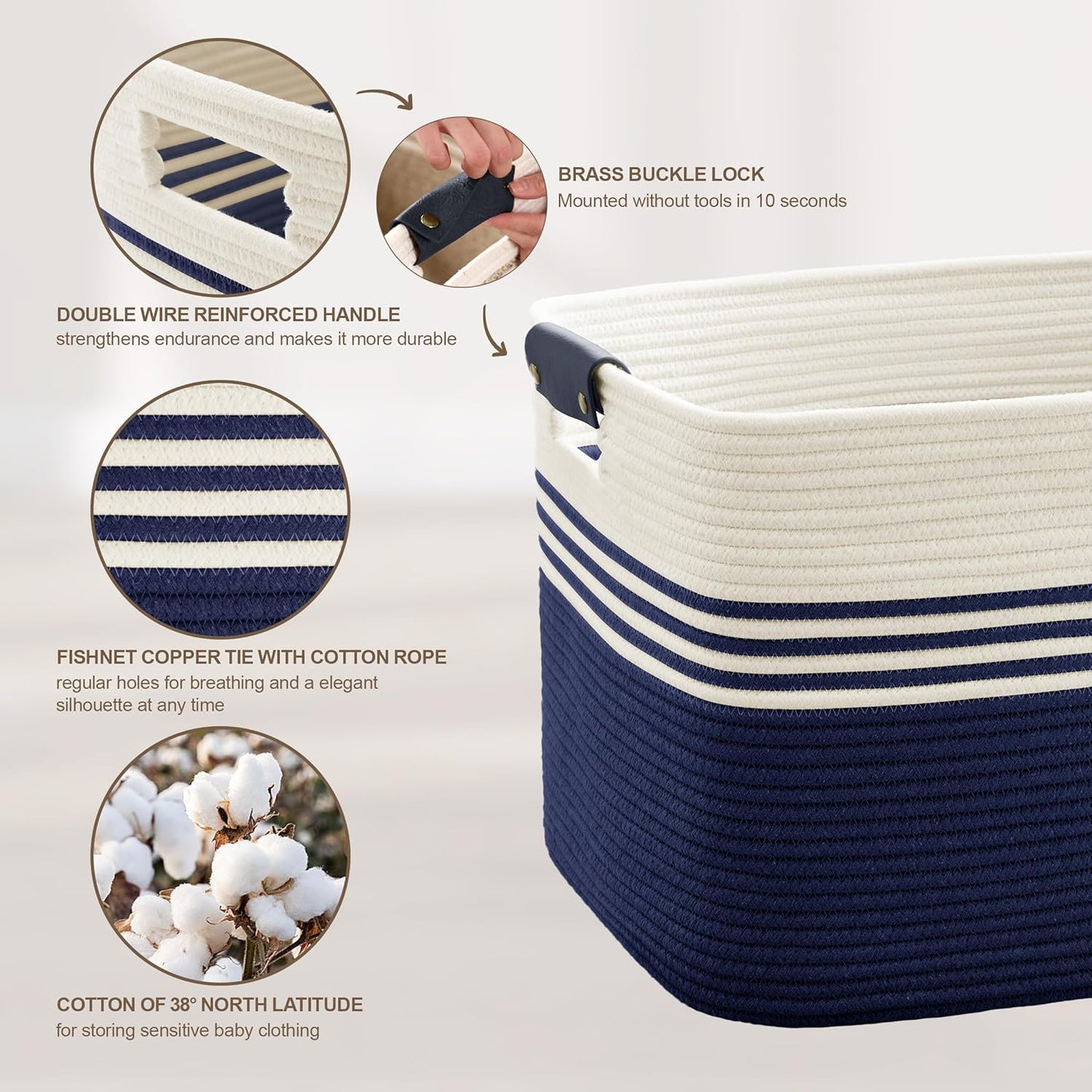 86L Extra Large Laundry Basket with Leather Handles for Living Room Storage, Woven Rope Baskets for Blanket, Kids Toy, Gifts, Wicker Hamper for Bedroom Dirty Clothes, 24"x16"x14" White Navy