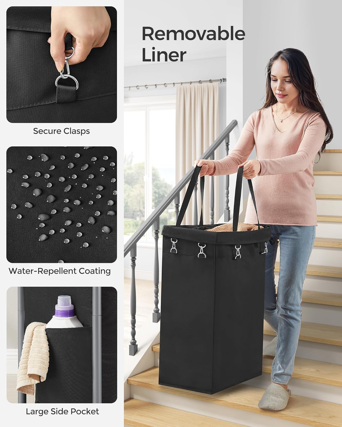SONGMICS Laundry Basket with Wheels, Rolling Laundry Hamper, 23.8 Gallons (90 L), Removable Liner, Steel Frame with Handle, 24 x 11.4 x 31.9 Inches, Ink Black URLS003B01