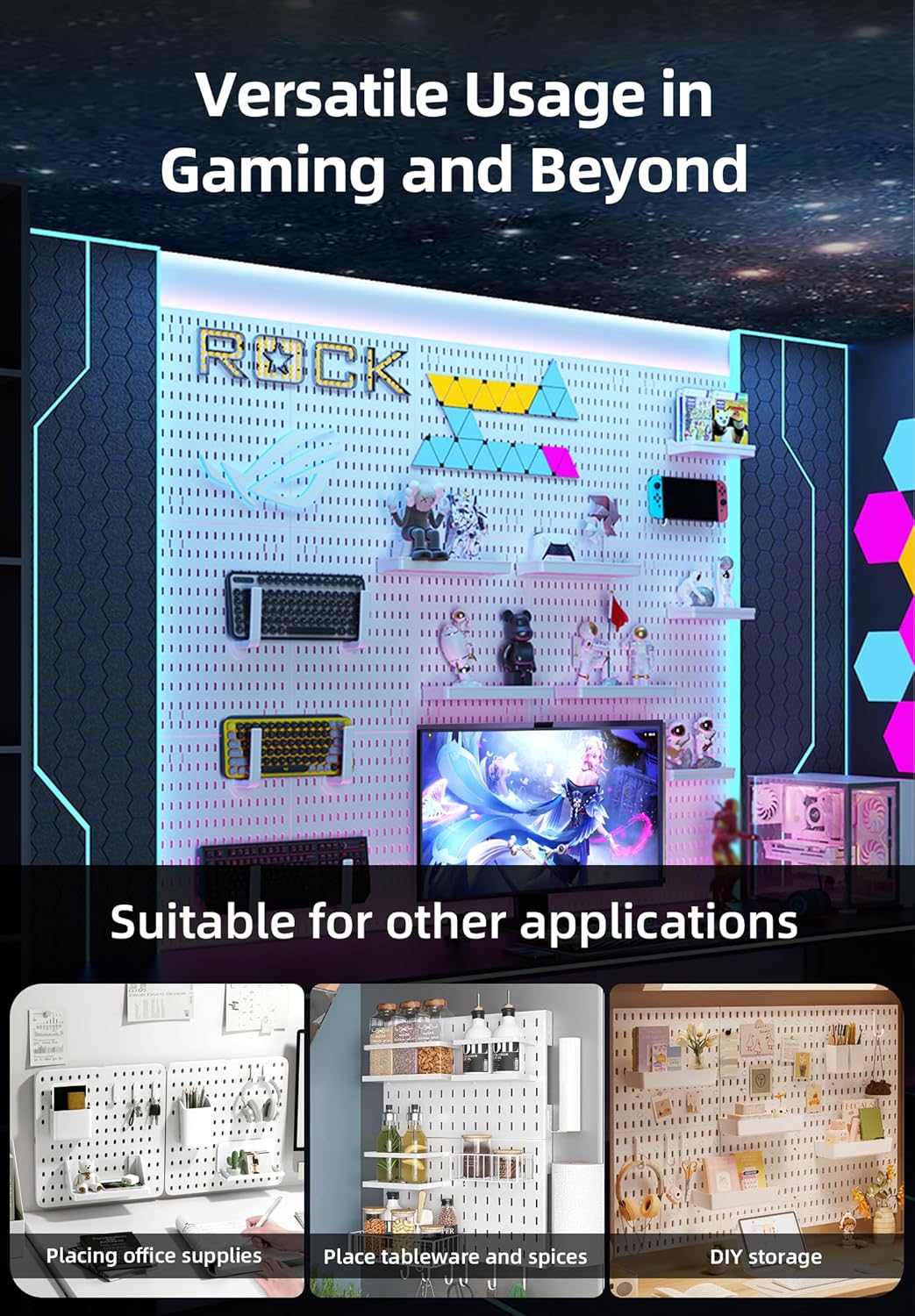Wall Organizer Peg Board - Elevate And Declutter Your Gaming And Office - Create A Perfectly Structured Space(White)