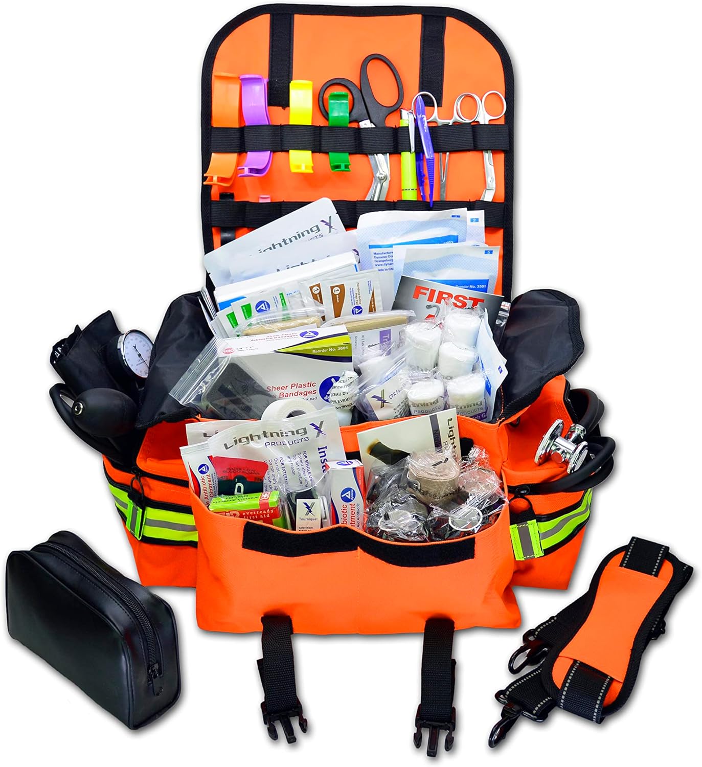 Lightning X Personalized First Responder EMT EMS Trauma Bag w/Stocked First Aid Fill Kit B & Custom Embroidered Name Patch (Orange)