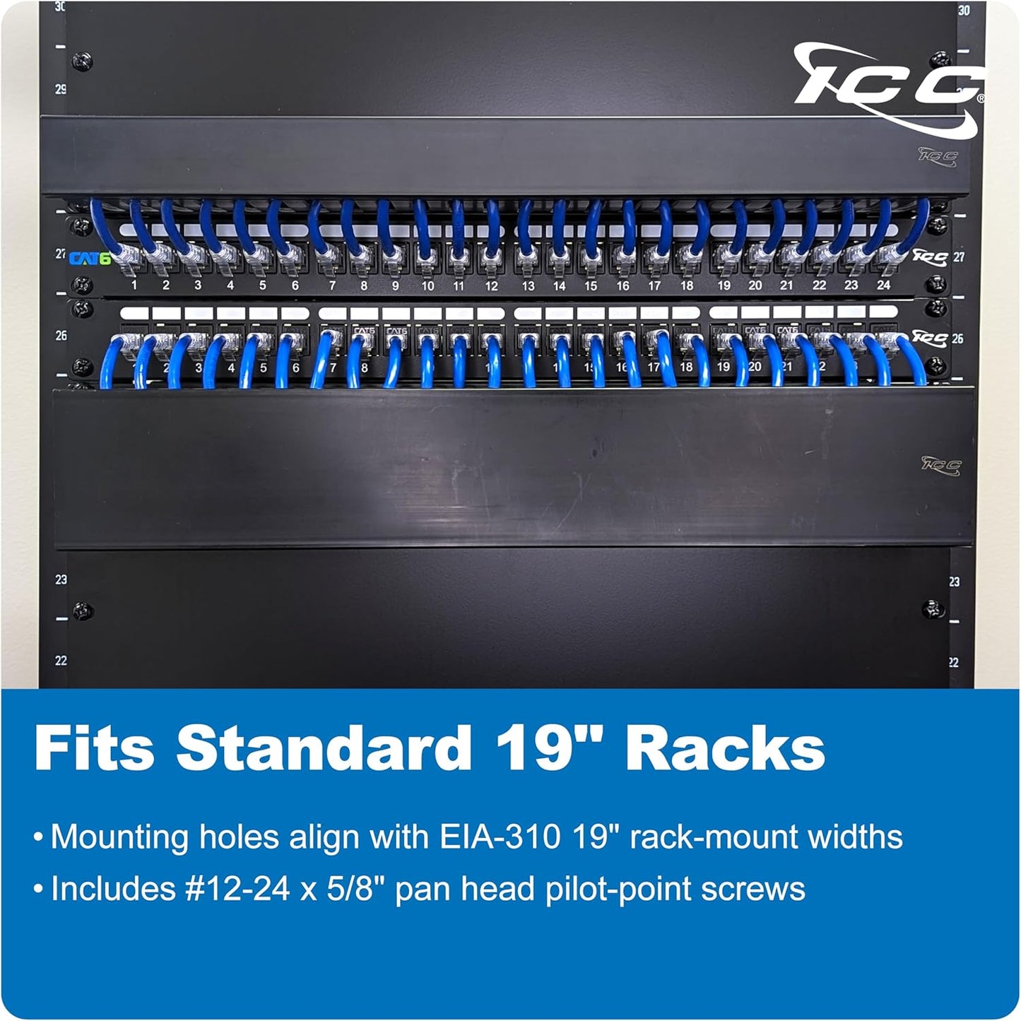 ICC 1U Finger Duct Cable Manager Panel with Cover, Plastic with Metal Back Frame, 3" Depth, Horizontal Cable Management, Rackmount for 19” Network Racks, Black, 6-Pack