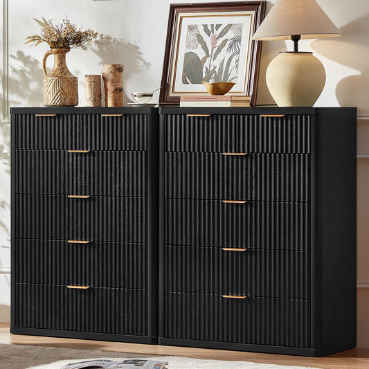 LEYAOYAO Fluted 6 Drawers Dresser for Bedroom Set of 2, 42" Tall Modern Chest of Drawers with Metal Handle, Curved Profile Design,Black Wood Drawer Organizer for Bedroom, Living Room, Hallway