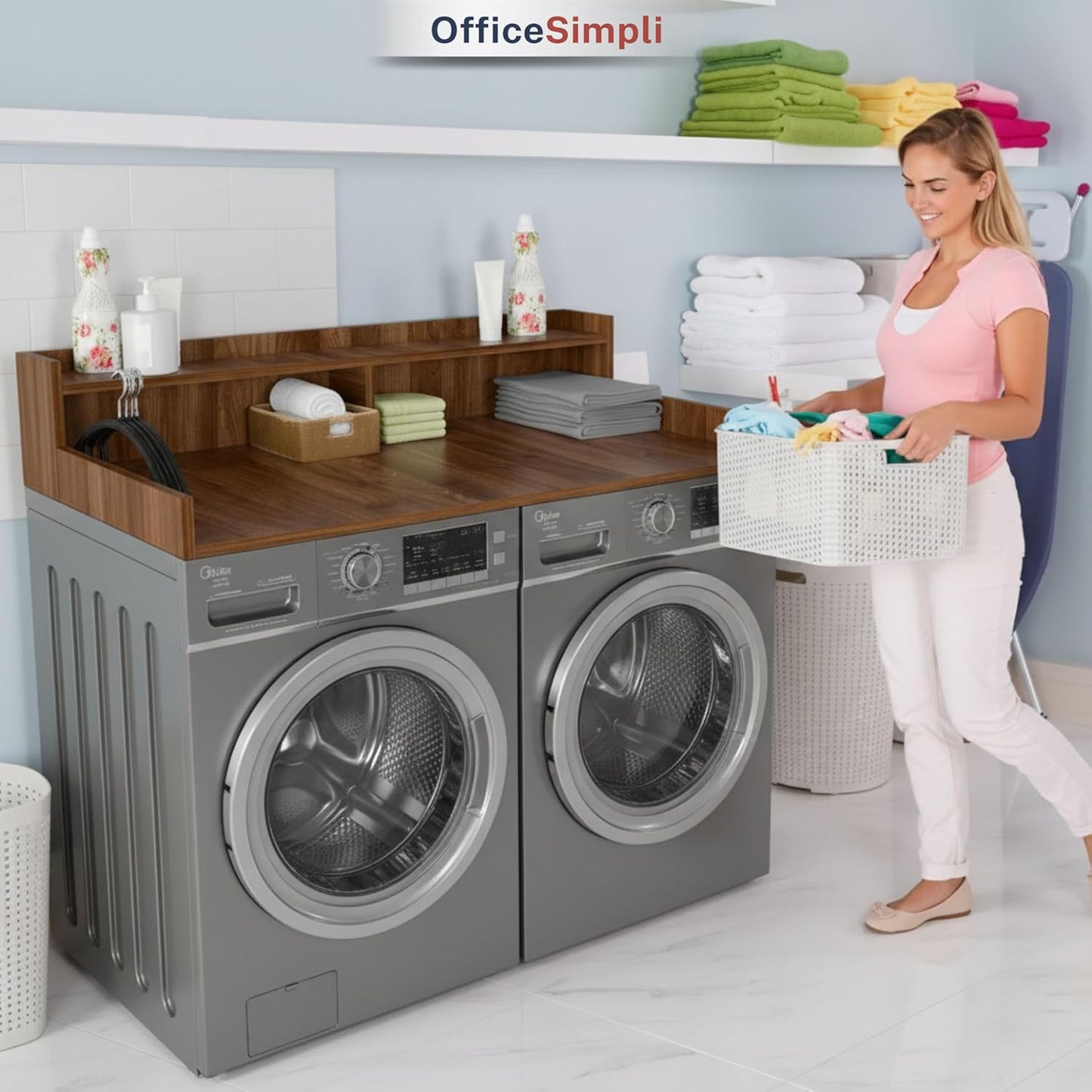 OfficeSimpli Washer Dryer Countertop with Shelf - 27.5 x 54 Inch - Made in USA Laundry Countertop Over Washer and Dryer with Non-Slip Pads, Storage Shelf, Laundry Topper Organizer, California Walnut