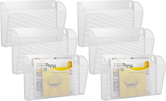 6 Single Pocket Wall File Holder, Mesh Hanging File Folder Paper Organizer, Vertical Wall Mounted Mail Basket, Storage Organization Magazine Rack for Office, Home and School, White