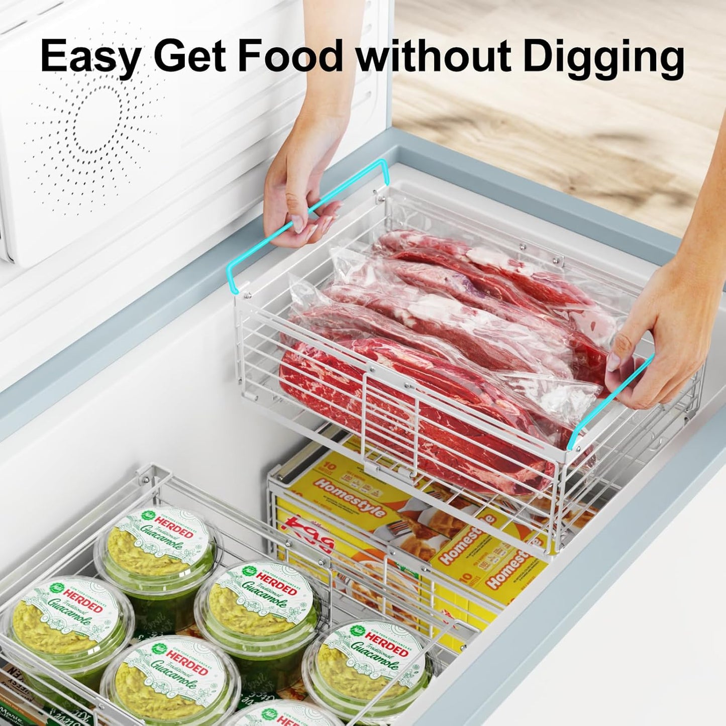 iSPECLE Freezer Organizer Bins - Fit 10 to 20 Cu.FT Deep Freezer, 4 Pack Expandable Stackable Large Chest Freezer Organizer Bins Sort Food, Easily Get Food from Bottom Better Ventilation, White