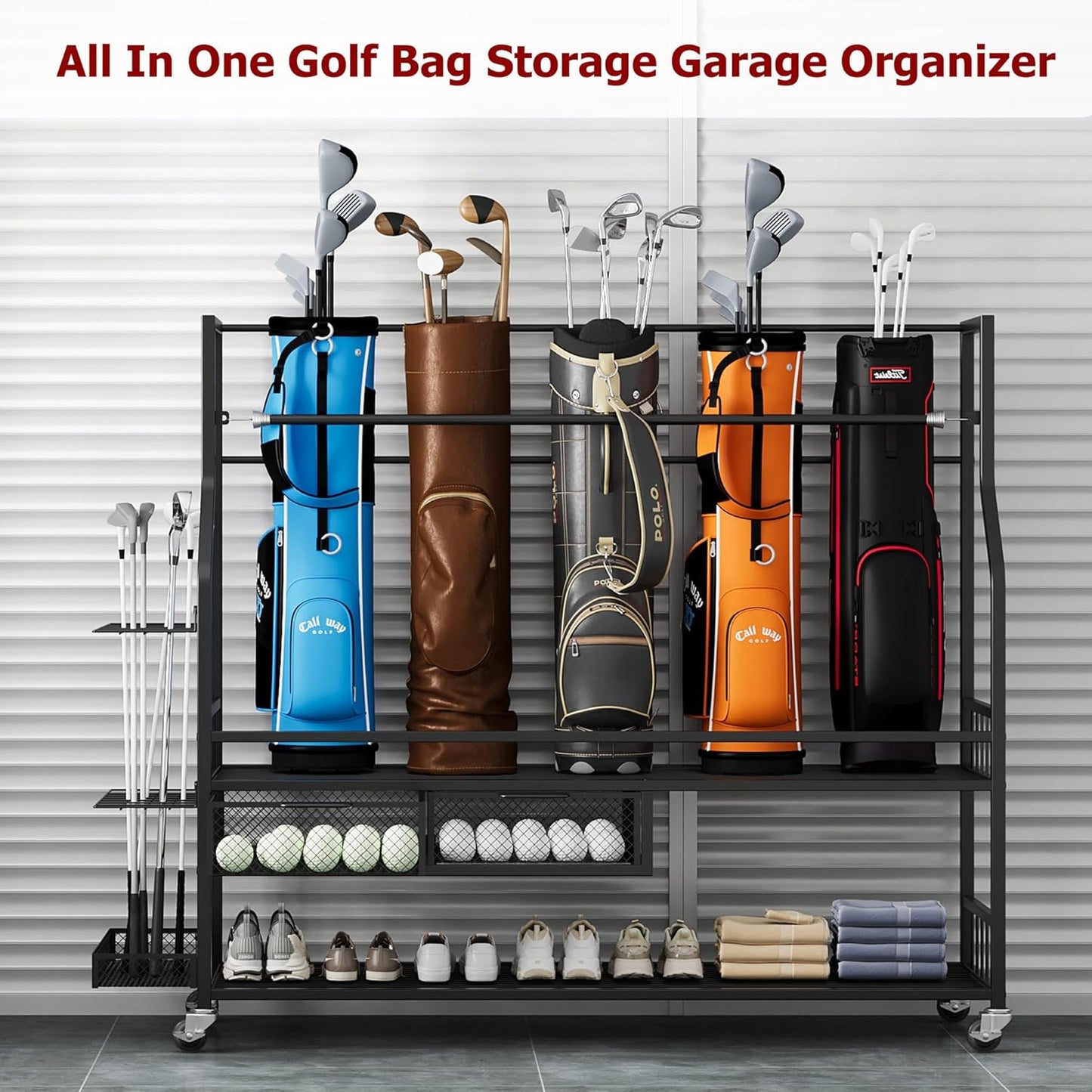 Golf Bag Storage Rack on Wheels, Mobile 5-Bag Organizer with Accessory Drawer for Golf Bag and Equipment Accessories Garage, Home, Basement
