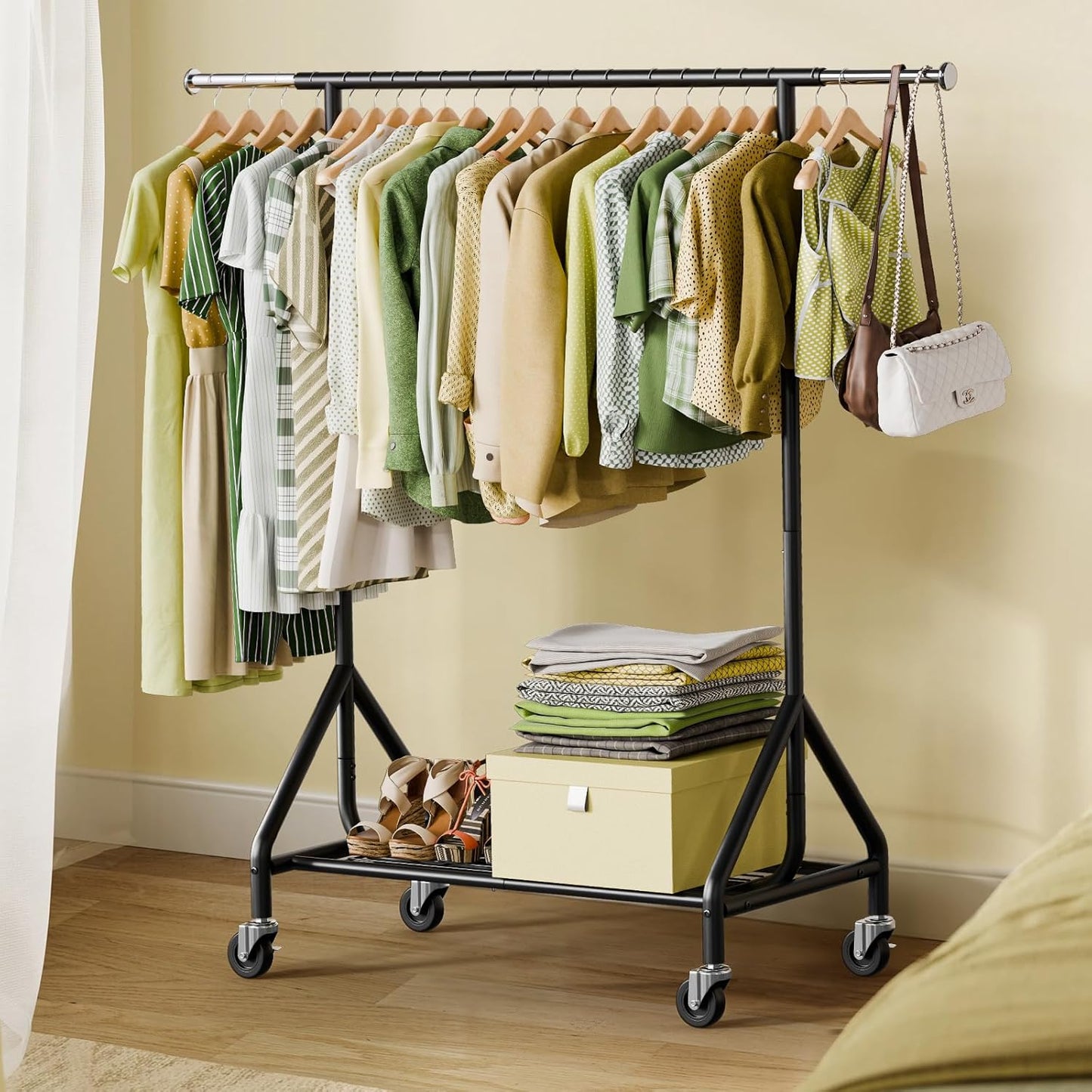 Clothes Rack Load 450 LBS, Heavy Duty Garment Rack, Standing Rolling Metal Hanging Clothes with Sturdy Wheels & Shelves, Black