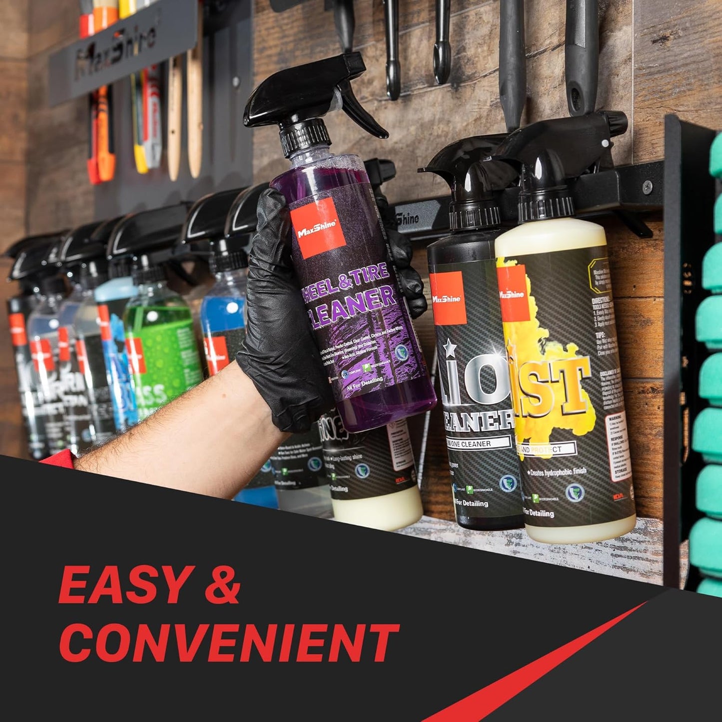 Maxshine Universal Trigger Bottle Holder H03D (Black Metal) | Wall-Mount Organizer Holds 6 Spray Bottles | Lightweight & Durable Rack for Garage Storage, Car Wash, Auto Detailing & Cleaning Supplies