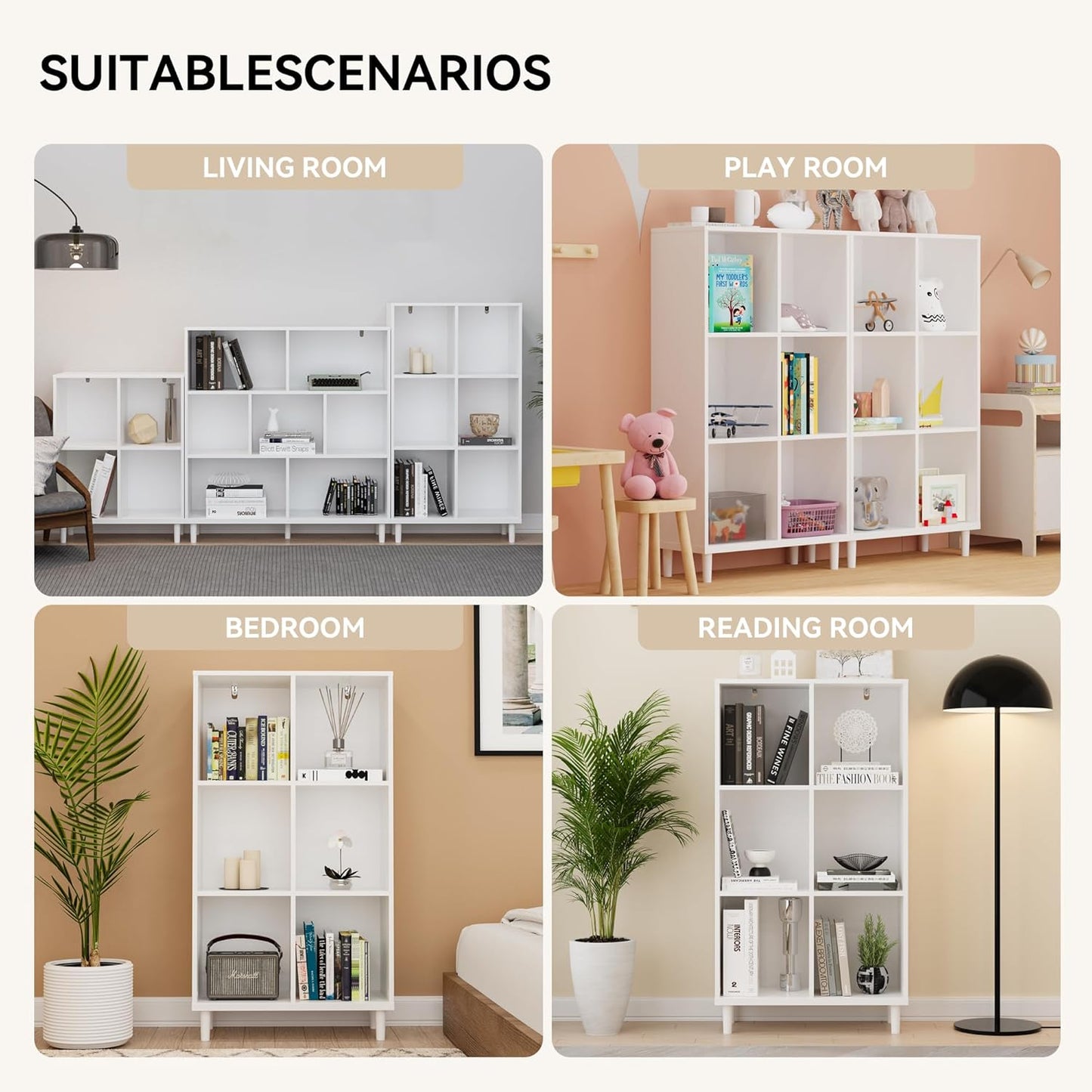 Wood Cube Storage Organizer White Bookshelf - 3-Tier Freestanding Storage Cabinet with Legs for Home Office, 6-Cubes Open Shelf