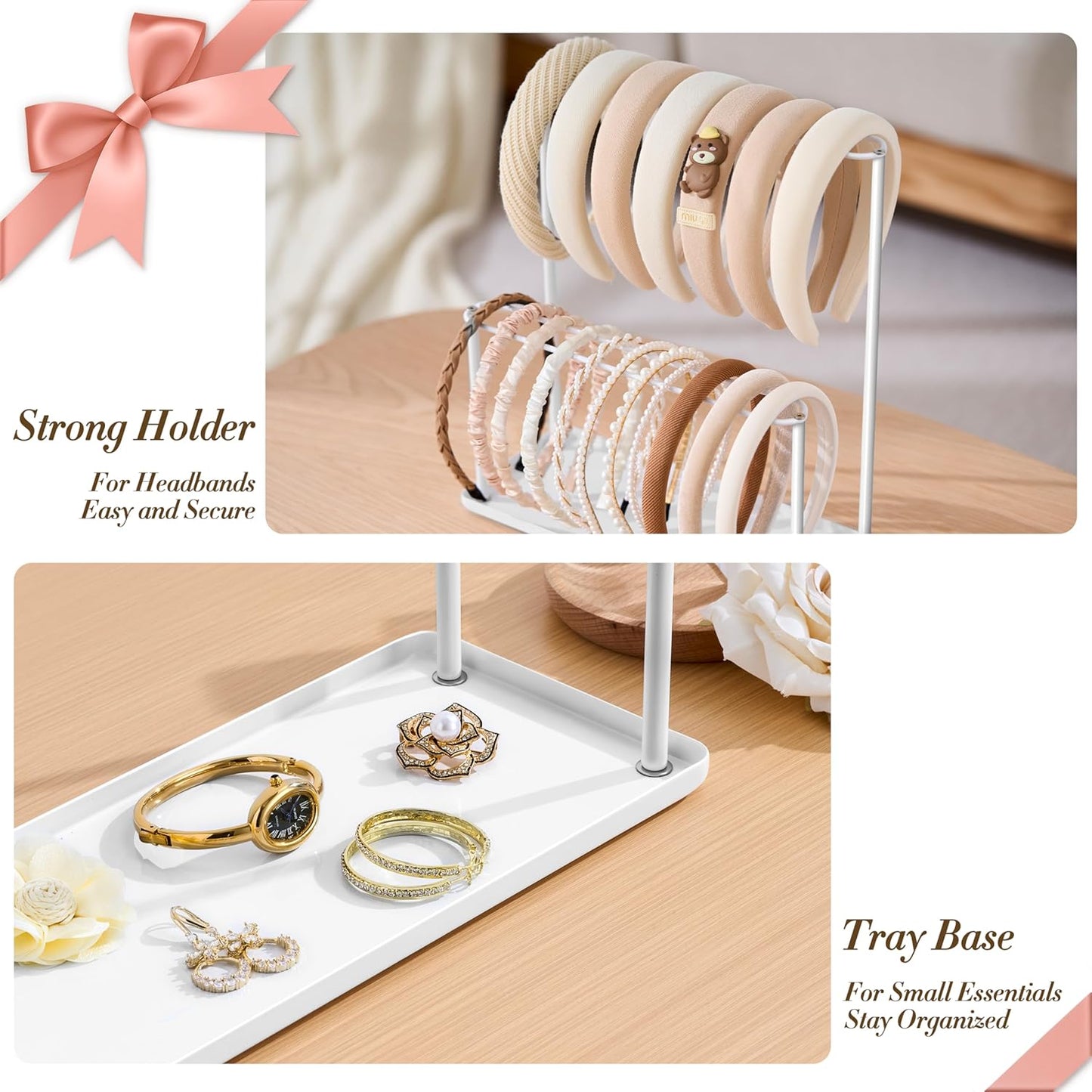 Headband Holder Organizer Metal 2-Tier with Tray: Hair Accessories Display Stand Storage Hairband Rack Necklace Stand Home Bedroom for Girls Women, White