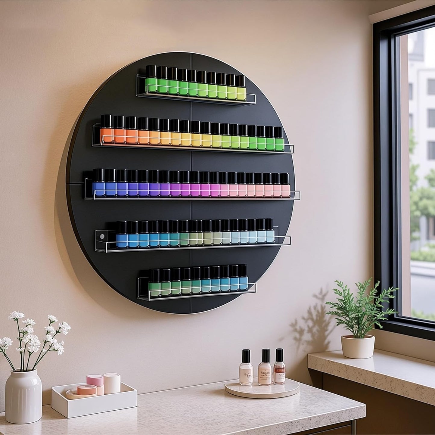 Wall Mount Nail Polish Organizer, Wood Nail Polish Rack w/Acrylic Barrier, 5-Tier Round Storage & Display Shelf, Perfume Essential Oil Bottles Holder, Black