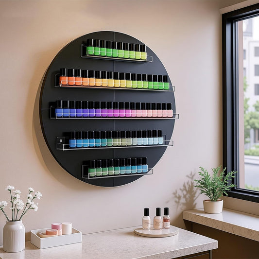 Wall Mount Nail Polish Organizer, Wood Nail Polish Rack w/Acrylic Barrier, 5-Tier Round Storage & Display Shelf, Perfume Essential Oil Bottles Holder, Black