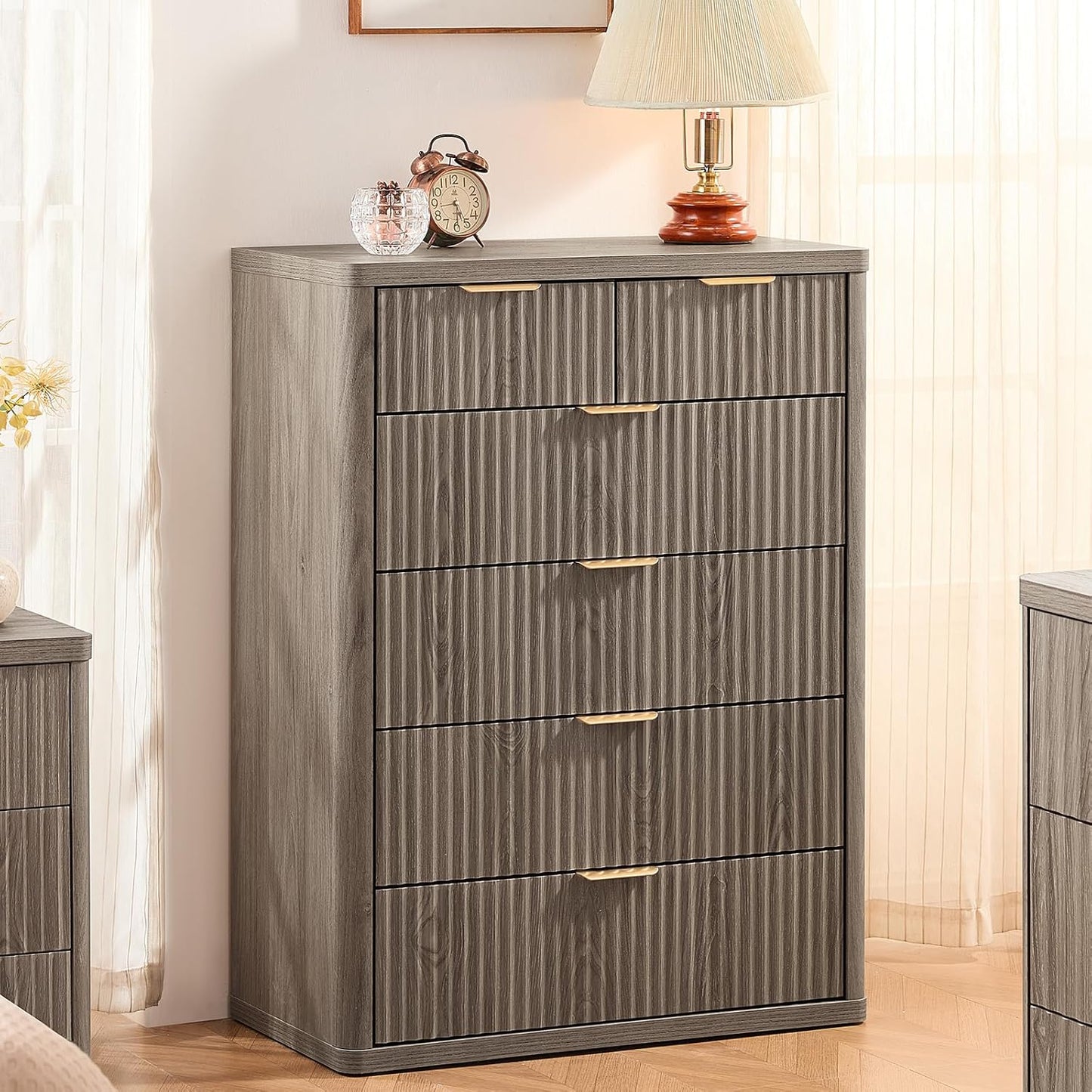 LEYAOYAO Fluted 6 Drawers Dresser for Bedroom, 42" Tall Modern Chest of Drawers with Metal Handle, Curved Profile Design,Grey Wood Drawer Organizer for Bedroom, Living Room, Hallway, Entryway