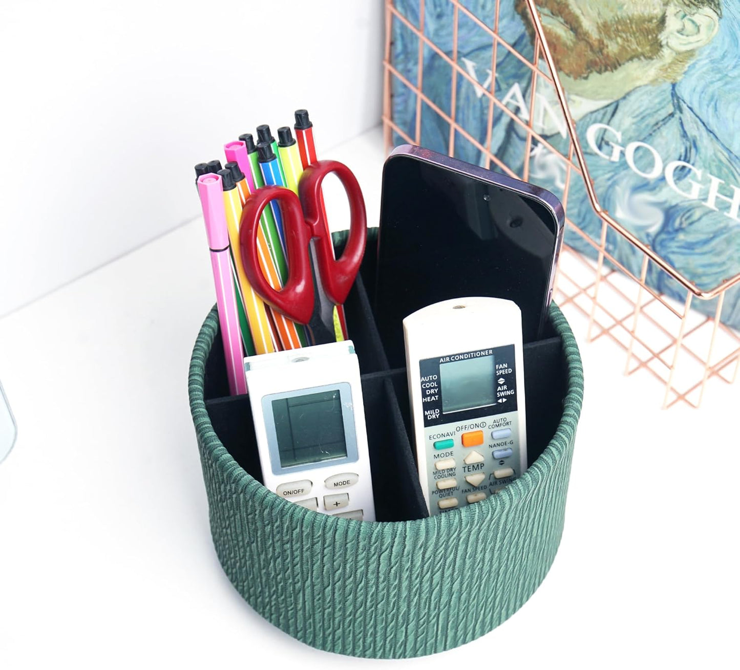 Round Leather Art Supply Organizer,Remote Control Holder,360 Degree Spinning,Multi-Functional Pencil Holder,4 Compartments Desktop Stationary Organizer(1-Wood Green)
