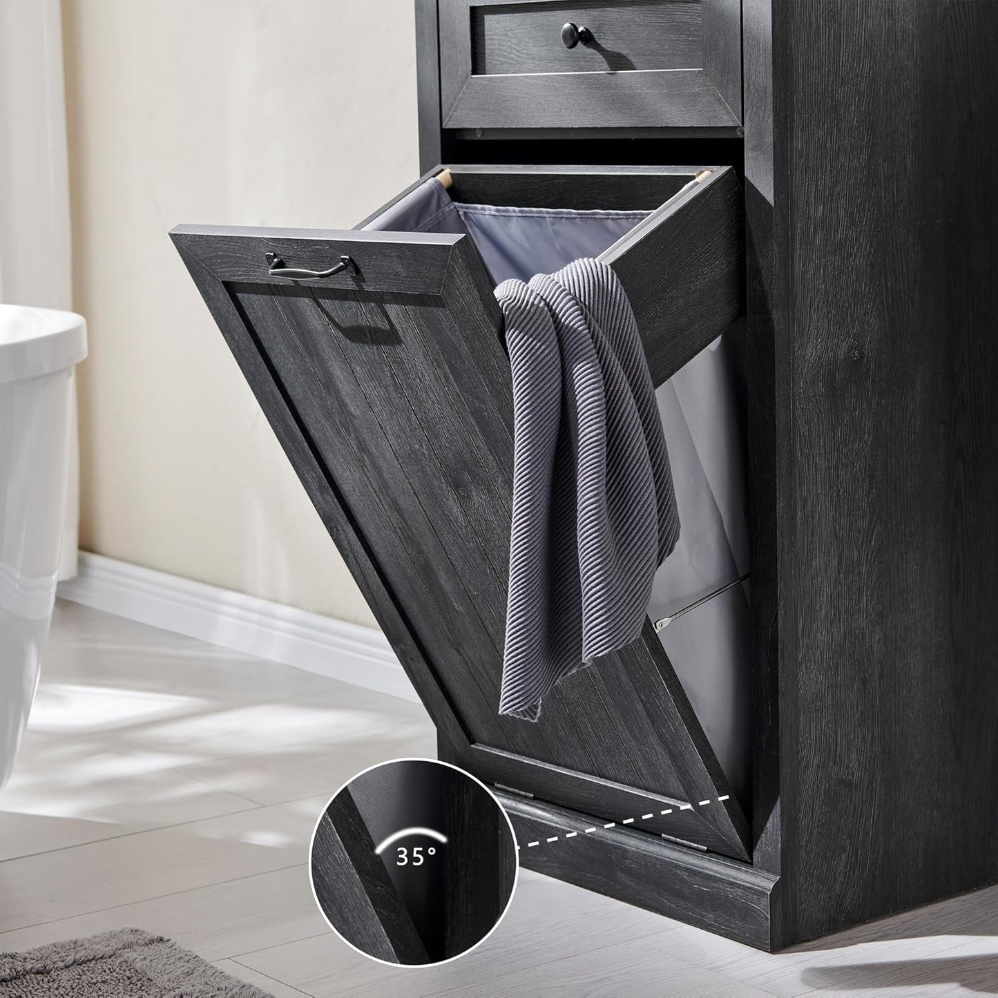 Tilt Out Trash Can Cabinet, 10 Gallon Farmhouse Laundry Hamper Cabinet with Drawer, Hidden Wooden Trash Garbage Can Bin with Storage Basket for Kitchen, Living Room (Dark Grey)