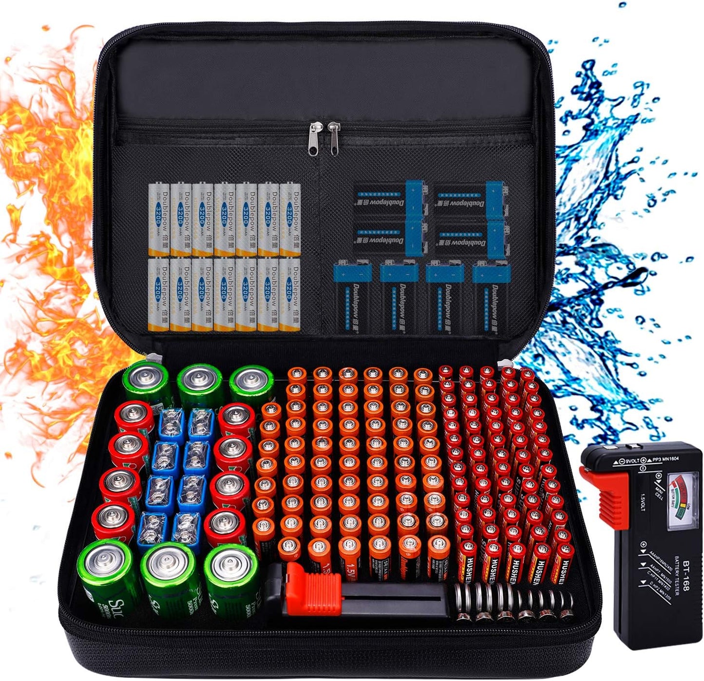 Fireproof Battery Organizer Storage Case Waterproof & Explosionproof, Safe Bag Fits 210+ Batteries Case - with Tester BT-168, Carrying Container Bag Energy Batteries AA AAA C D 9V Lithium 3V Holder