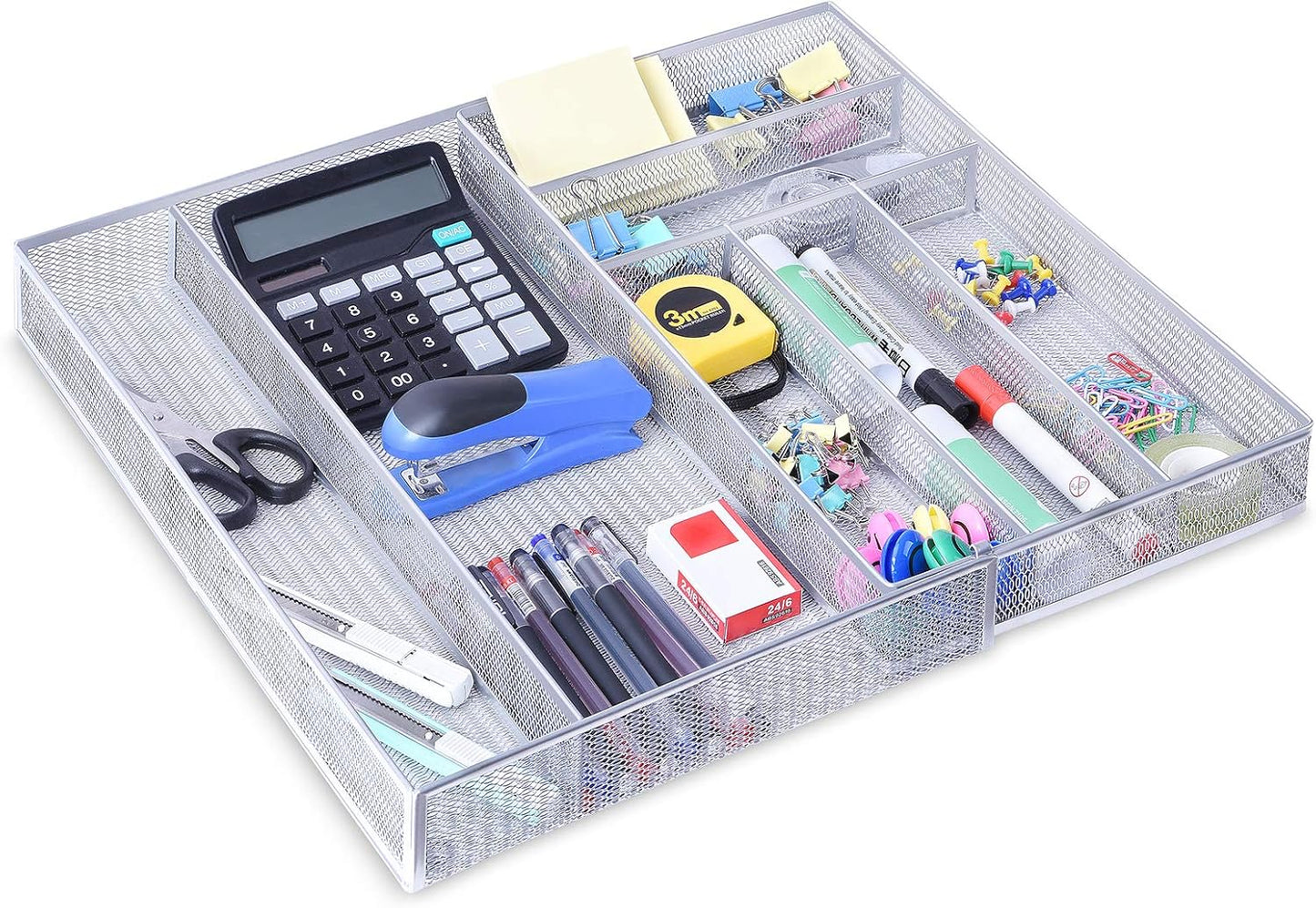 WuGeShop Expandable Office Drawer Organizer, 6 to 7 Compartments Adjustable Mesh Desk Drawer Organizer, Good Desk Organizer for Office Supplies and Art Supplies
