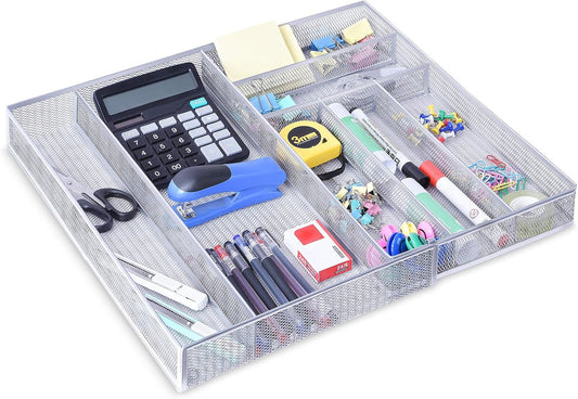 WuGeShop Expandable Office Drawer Organizer, 6 to 7 Compartments Adjustable Mesh Desk Drawer Organizer, Good Desk Organizer for Office Supplies and Art Supplies