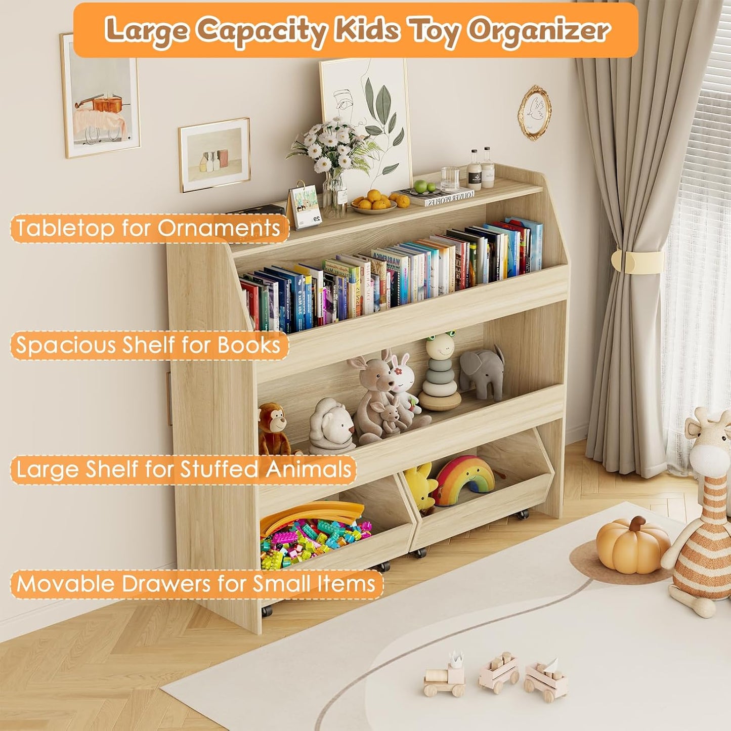 COZPAW Toy Storage Organizer, 3 Tier Montessori Shelf with Movable Bins, Toy Organizers Book Shelf for Kids Room, Playroom, Nursery (Wood)