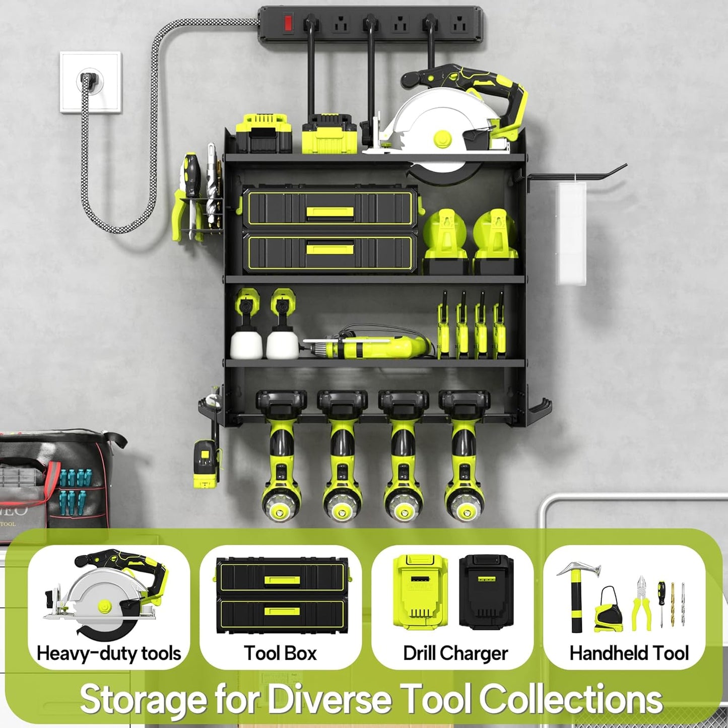 4 Layer Heavy Duty Power Tool Organizer Wall Mount with Charging Station, Adjustable Metal Storage Rack, 6 Outlets Strip, Drill Holders, Hooks & Drill Bit Rack for Garage, Workshop, Black