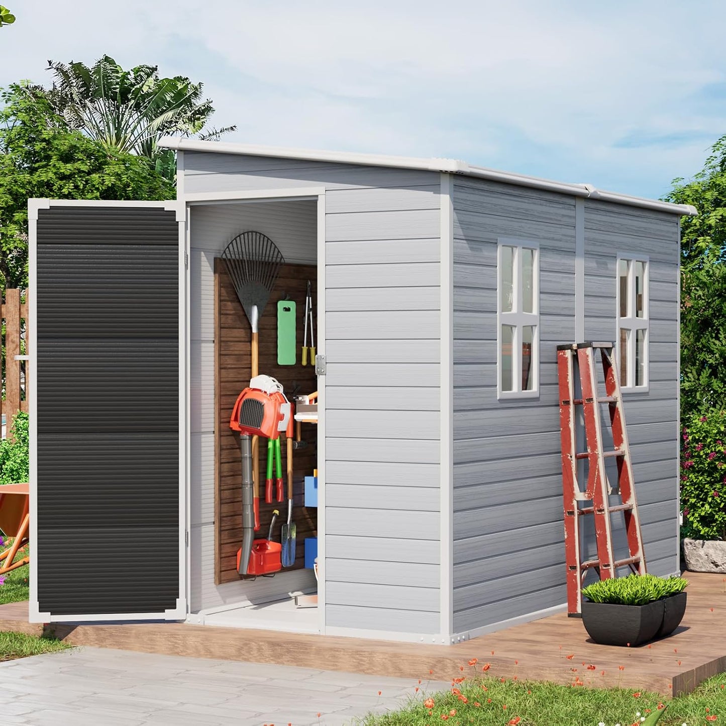 4x8 FT Plastic Storage Sheds Outdoor with Floor and Window, Lean to Resin Shed Easy to Install, Compact Sheds & Outdoor Storage/Tool Shed for Backyard Patio Lawn, Gray