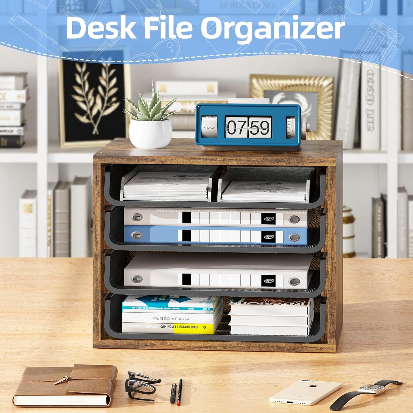 Simple Trending Desk File Organizers, 4-Tier Letter Tray Paper Organizer with File Holder, Wooden Paper Sorter for Office Supplies, Rustic Brown