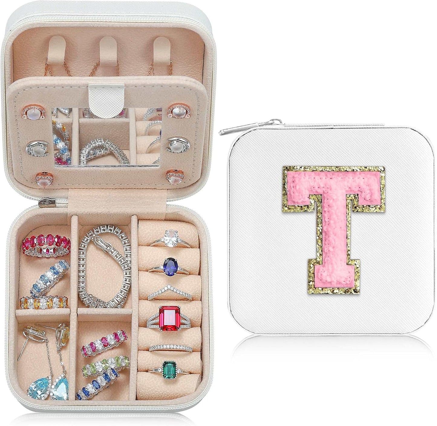 Parima Travel Jewelry Case, Organizer Box Small Case Boxes for Women Mini Initial T White