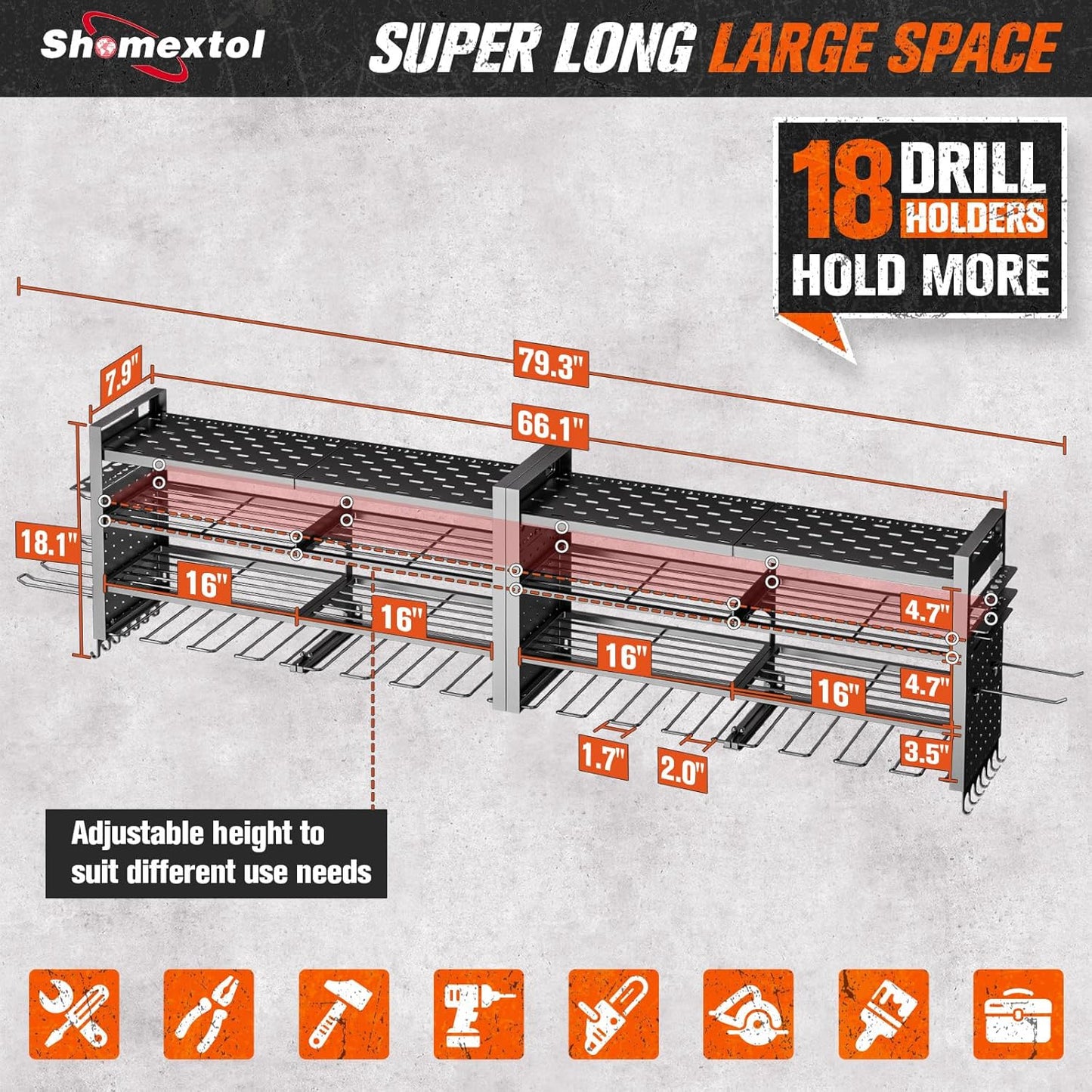 66" W Super Large Power Tool Organizer Wall Mount,Heavy Duty Cordless Tool Organizer with 18 Drill Holder,600 Lbs Capacity 4-Layer Garage Organization for Garage and Workshop (Black)