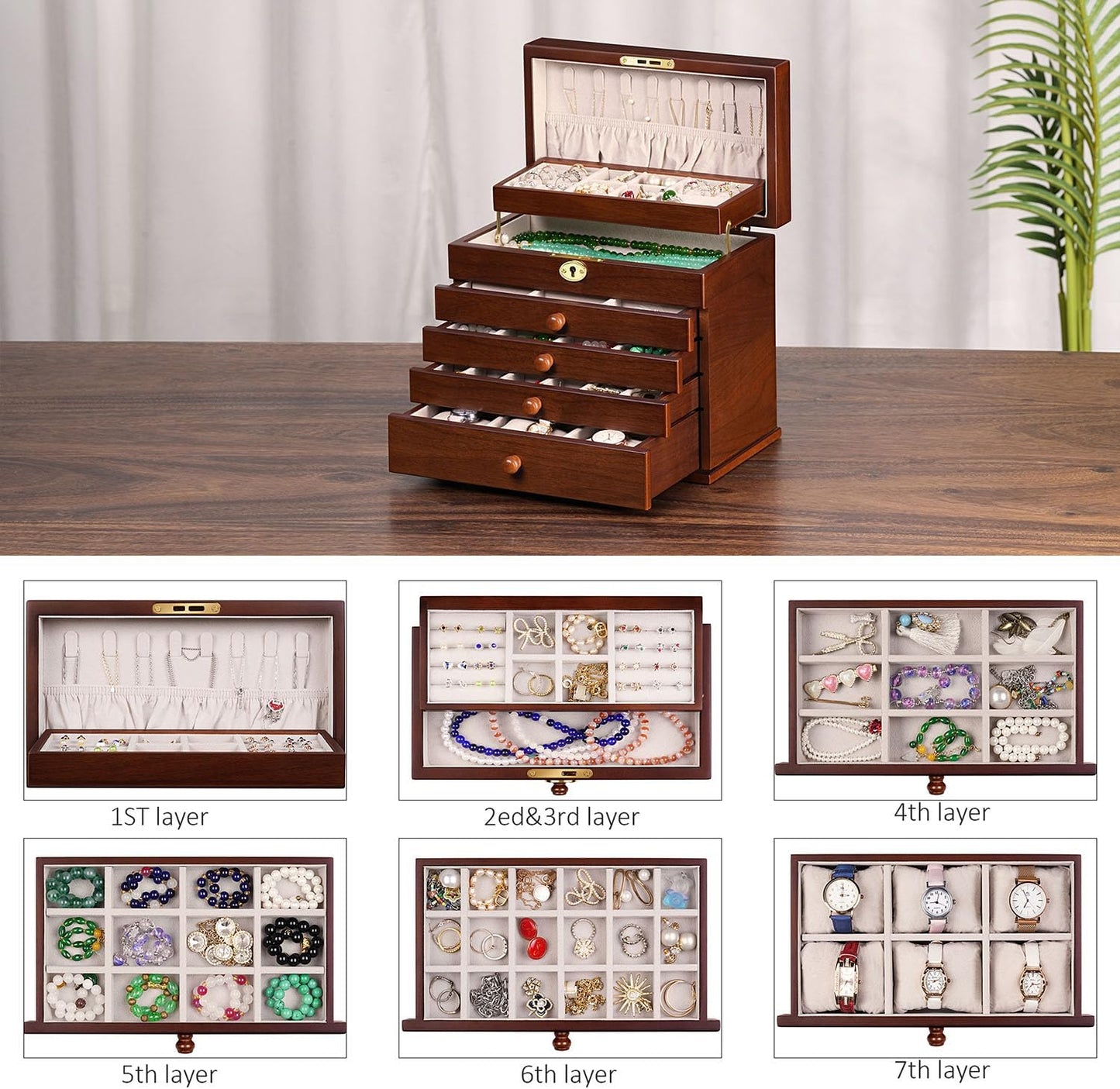 Vintage Wooden Jewelry Box with Dual Key Lock, Carved Top, Necklace Hooks – Antique Jewelry Organizer for Dresser Tabletop, Jewelry Storage Boxes for Women