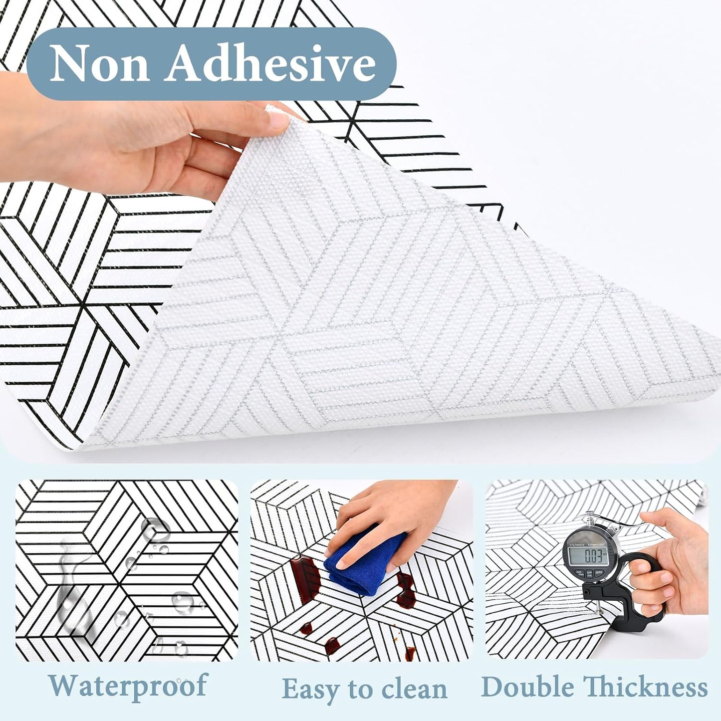 Shelf Liners for Kitchen Cabinets 12in x 20FT, Non Adhesive Cabinet Liner Strong Non-Slip Thickened Black White Geometric Drawer Liner, Easy to Clean for Shelf, Cabinet with Knife and Tape Measure
